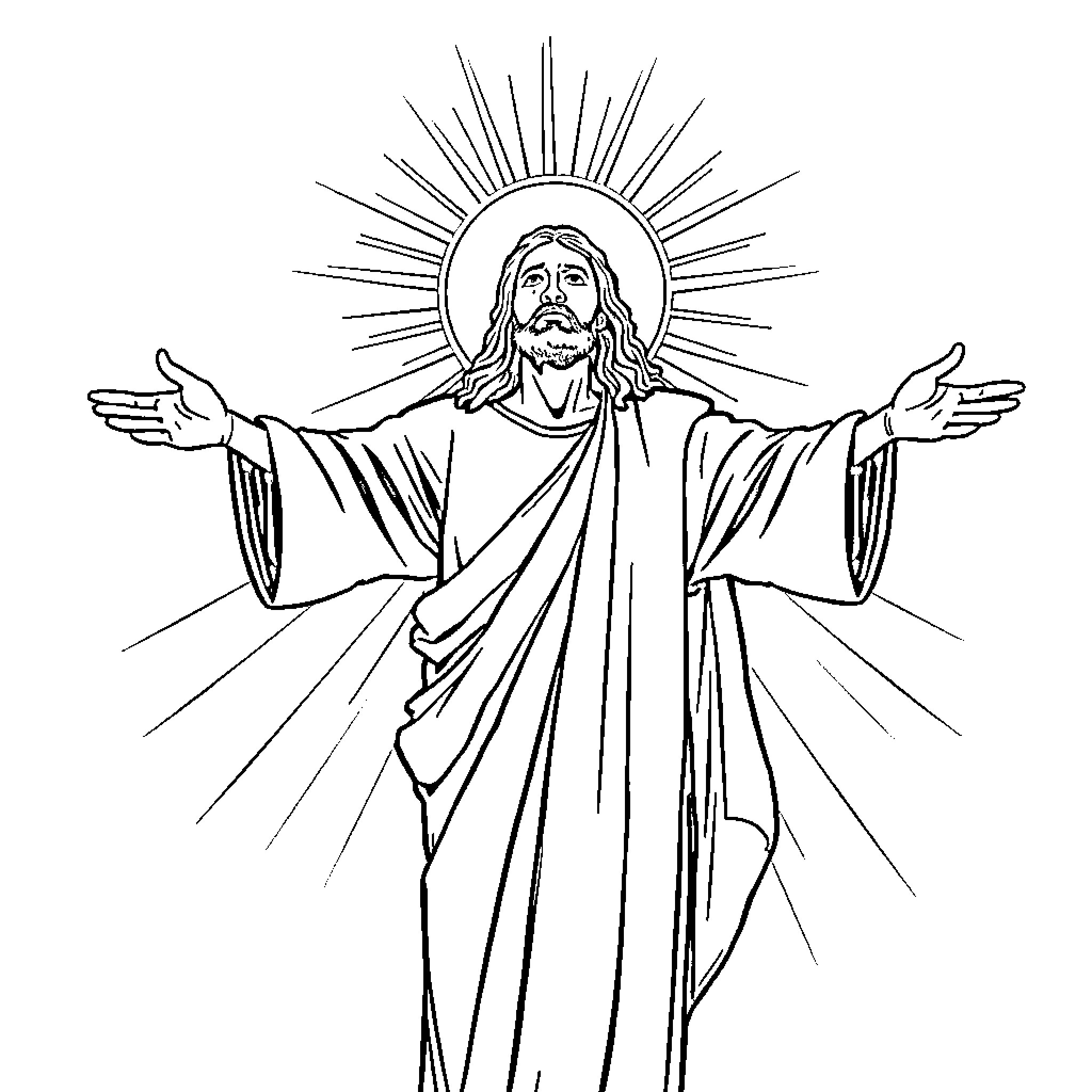 Christ with Open Arms and Radiant Halo Coloring Page (free black-and-white line drawing printable PDF for all, from beginners to advanced learners, including children, teens, adults, and seniors)