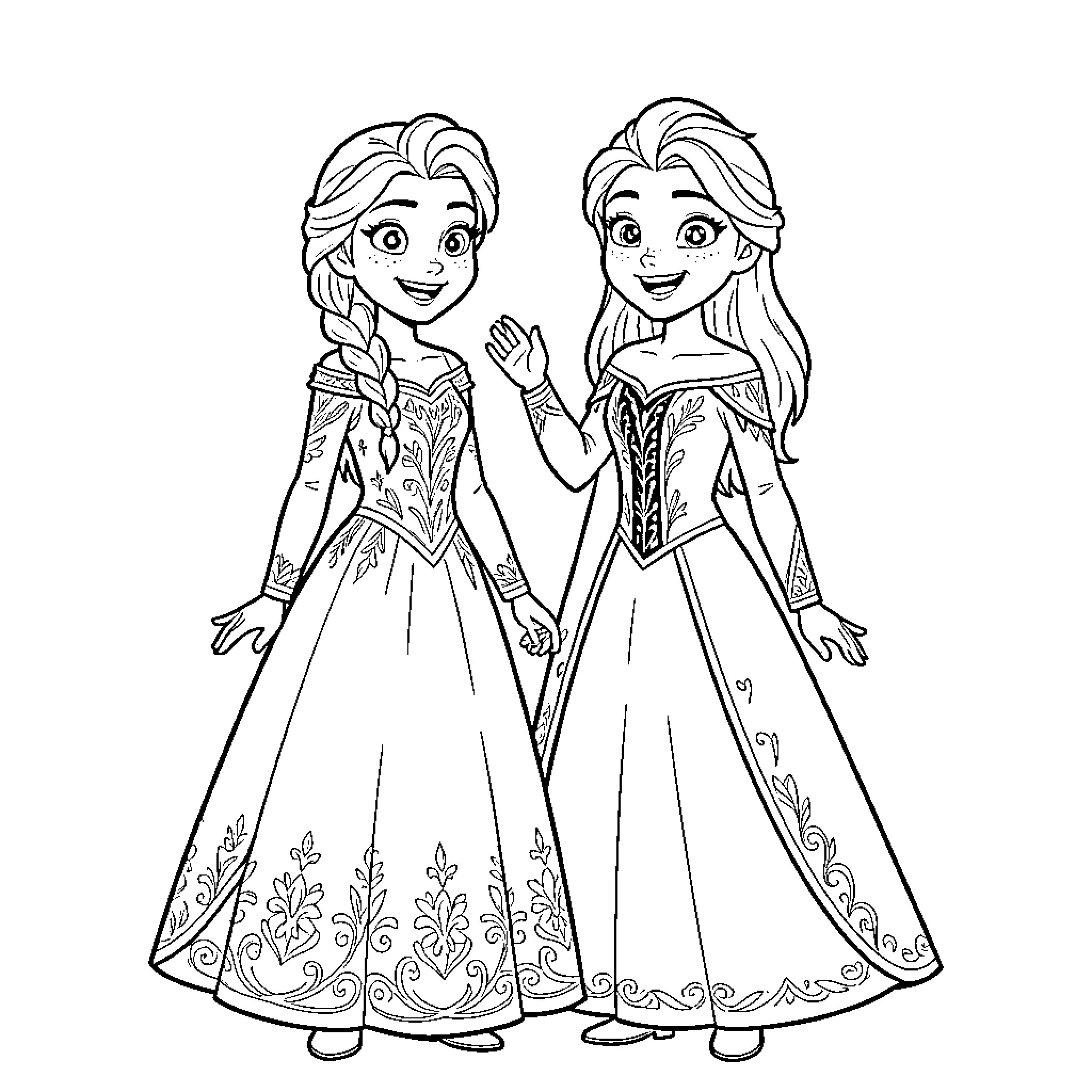 Ana and Elsa smiling in elegant gowns Coloring Page (free black-and-white line drawing printable PDF for all, from beginners to advanced learners, including children, teens, adults, and seniors)