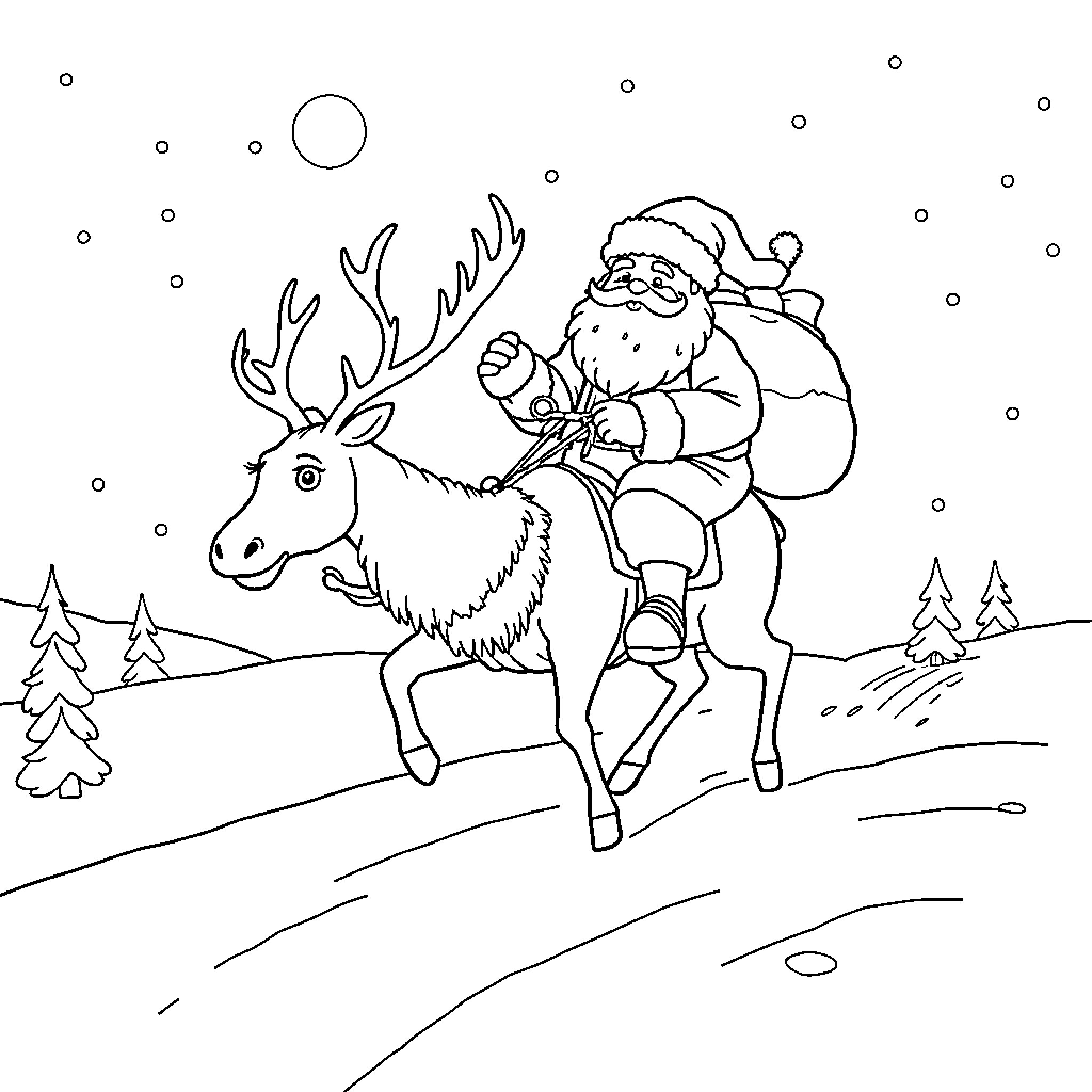 Santa riding a reindeer through a snowy landscape Coloring Page (free black-and-white line drawing printable PDF for all, from beginners to advanced learners, including children, teens, adults, and seniors)