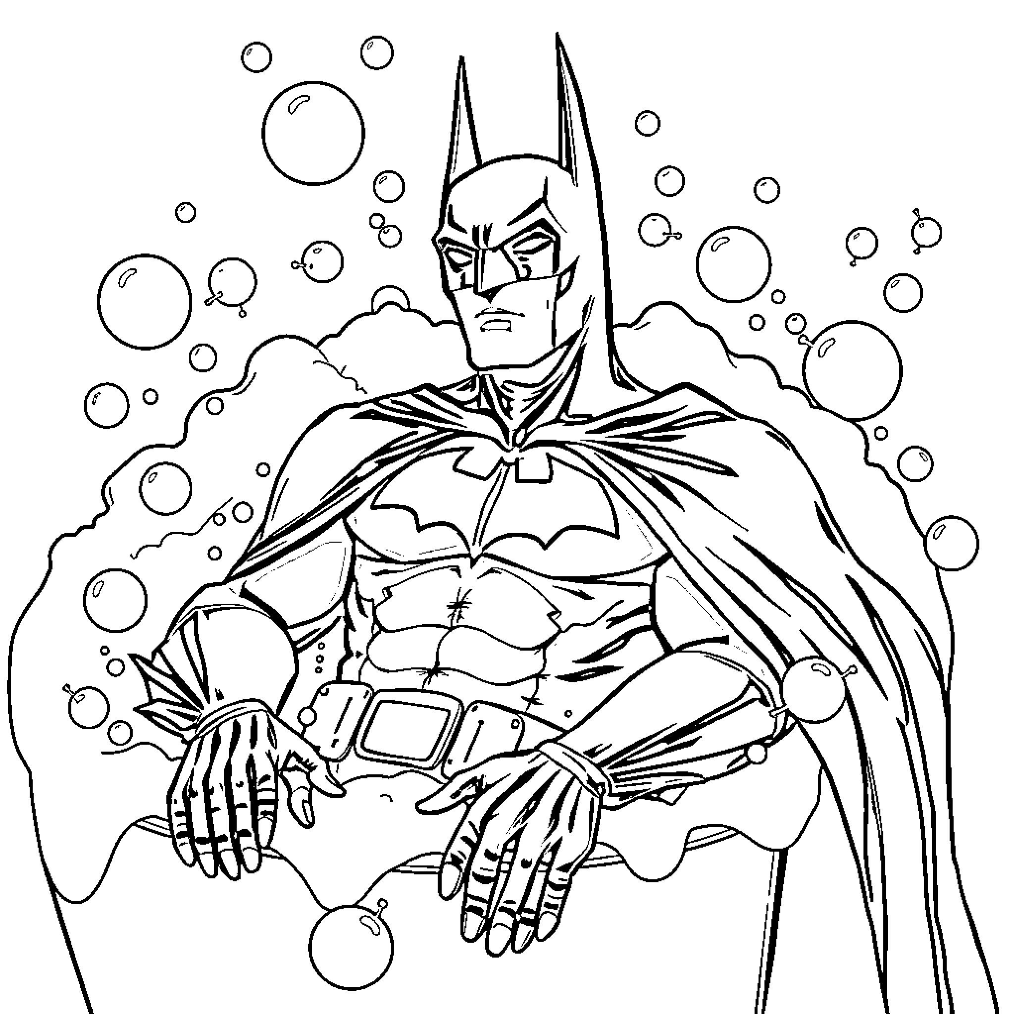 Bathman battles bubbles in the bathtub Coloring Page (free black-and-white line drawing printable PDF for all, from beginners to advanced learners, including children, teens, adults, and seniors)