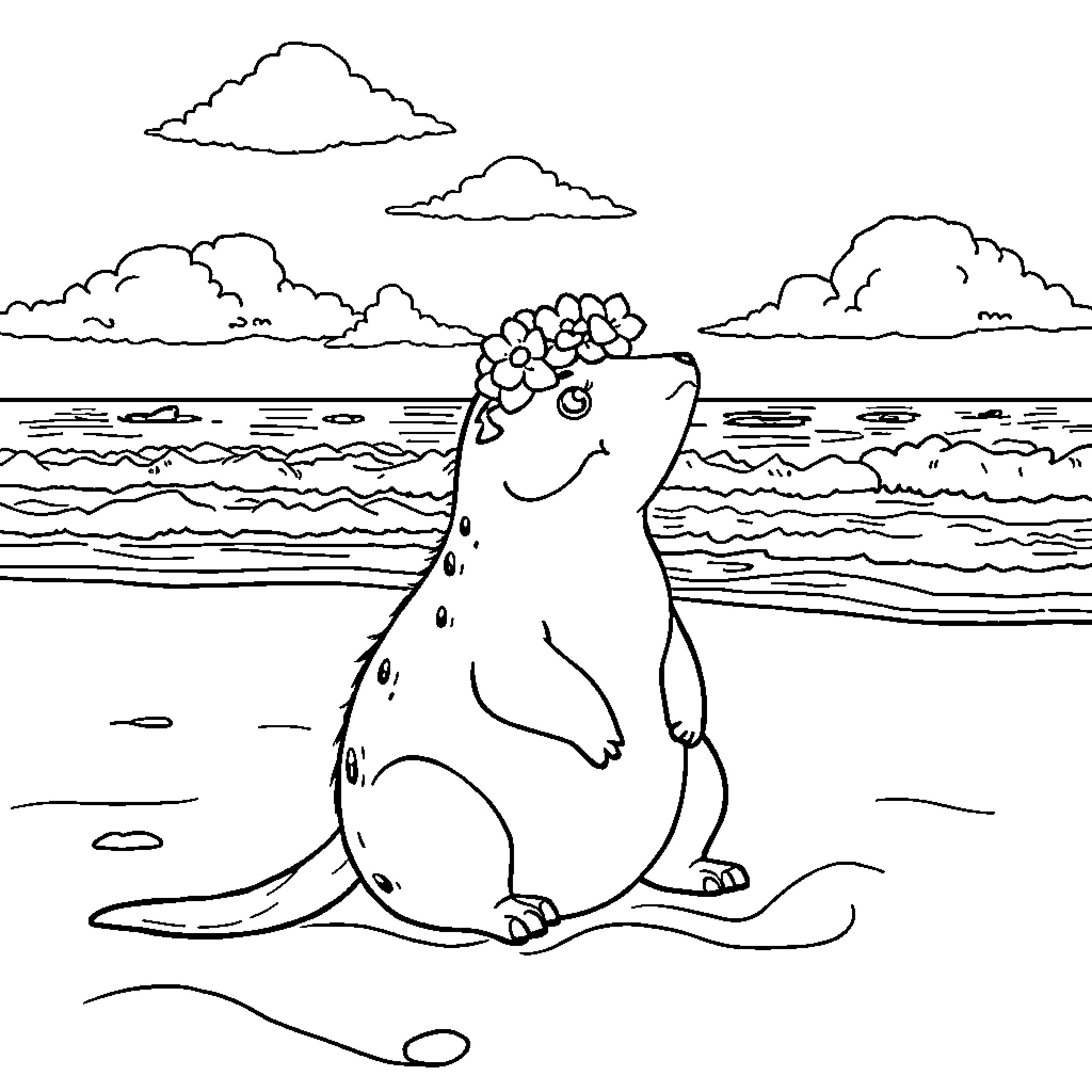 Capybara enjoying the beach with flowers Coloring Page (free black-and-white line drawing printable PDF for all, from beginners to advanced learners, including children, teens, adults, and seniors)