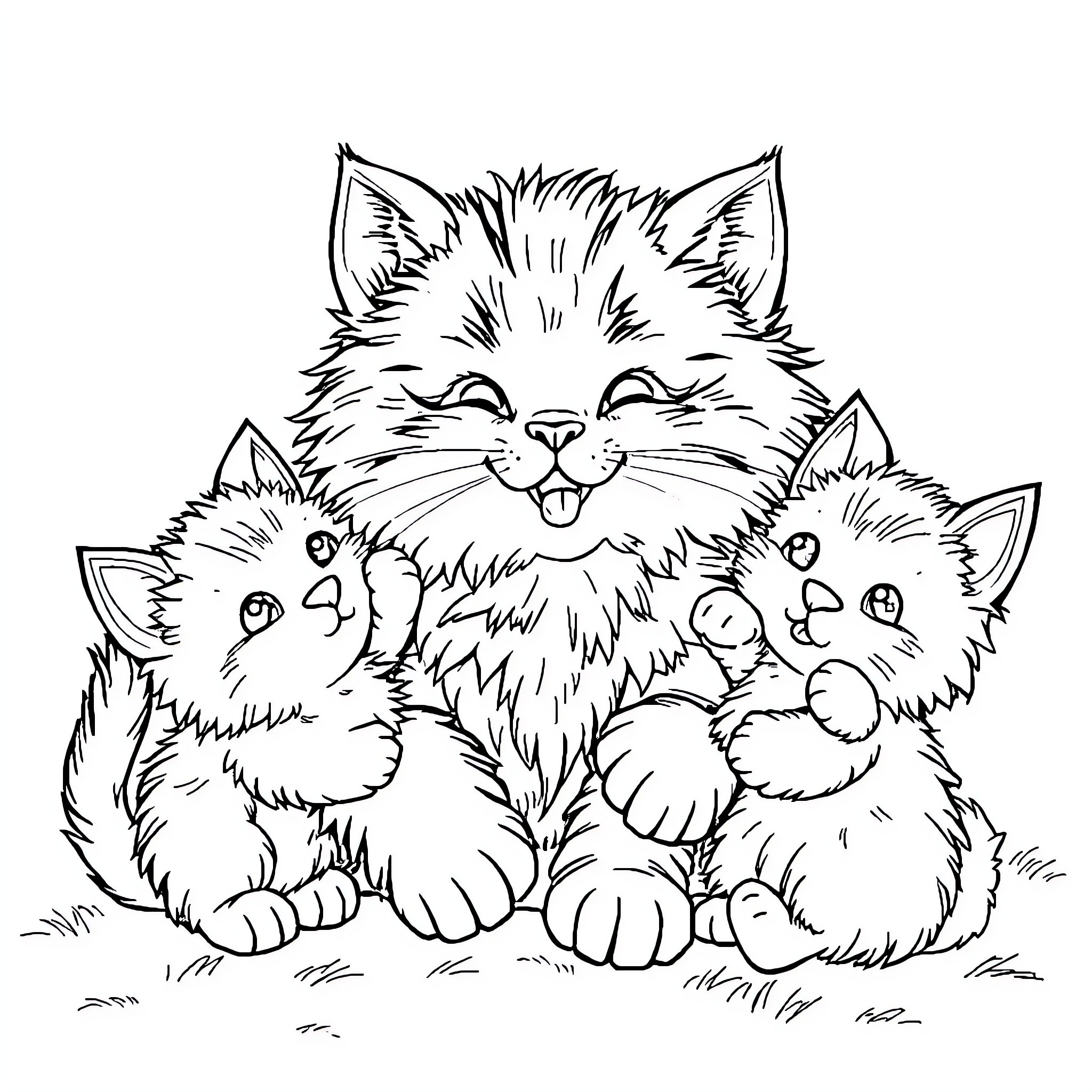 Cat family huddled together Coloring Page (free black-and-white line drawing printable PDF for all, from beginners to advanced learners, including children, teens, adults, and seniors)
