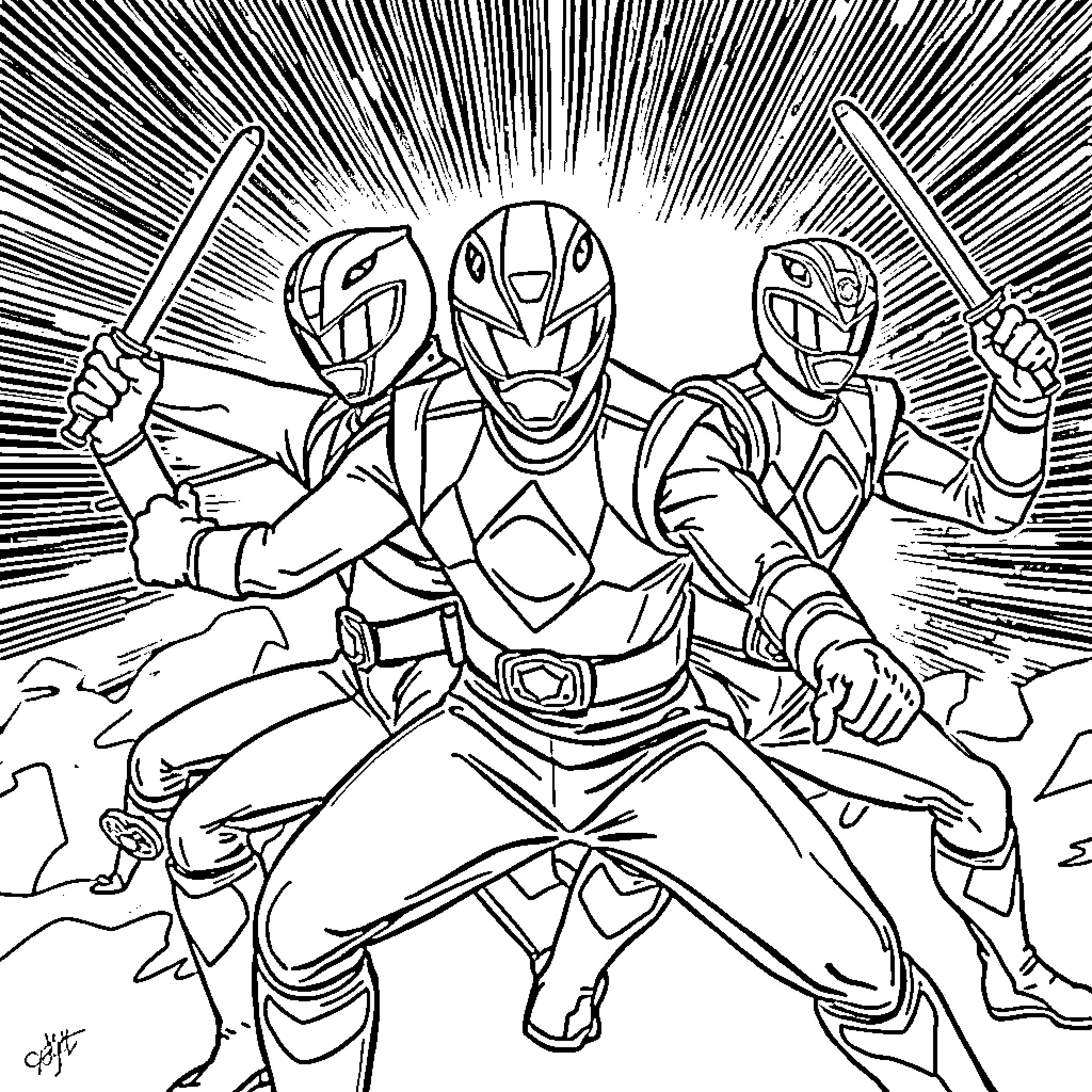 Ninja Power Rangers in Action Coloring Page (free black-and-white line drawing printable PDF for all, from beginners to advanced learners, including children, teens, adults, and seniors)