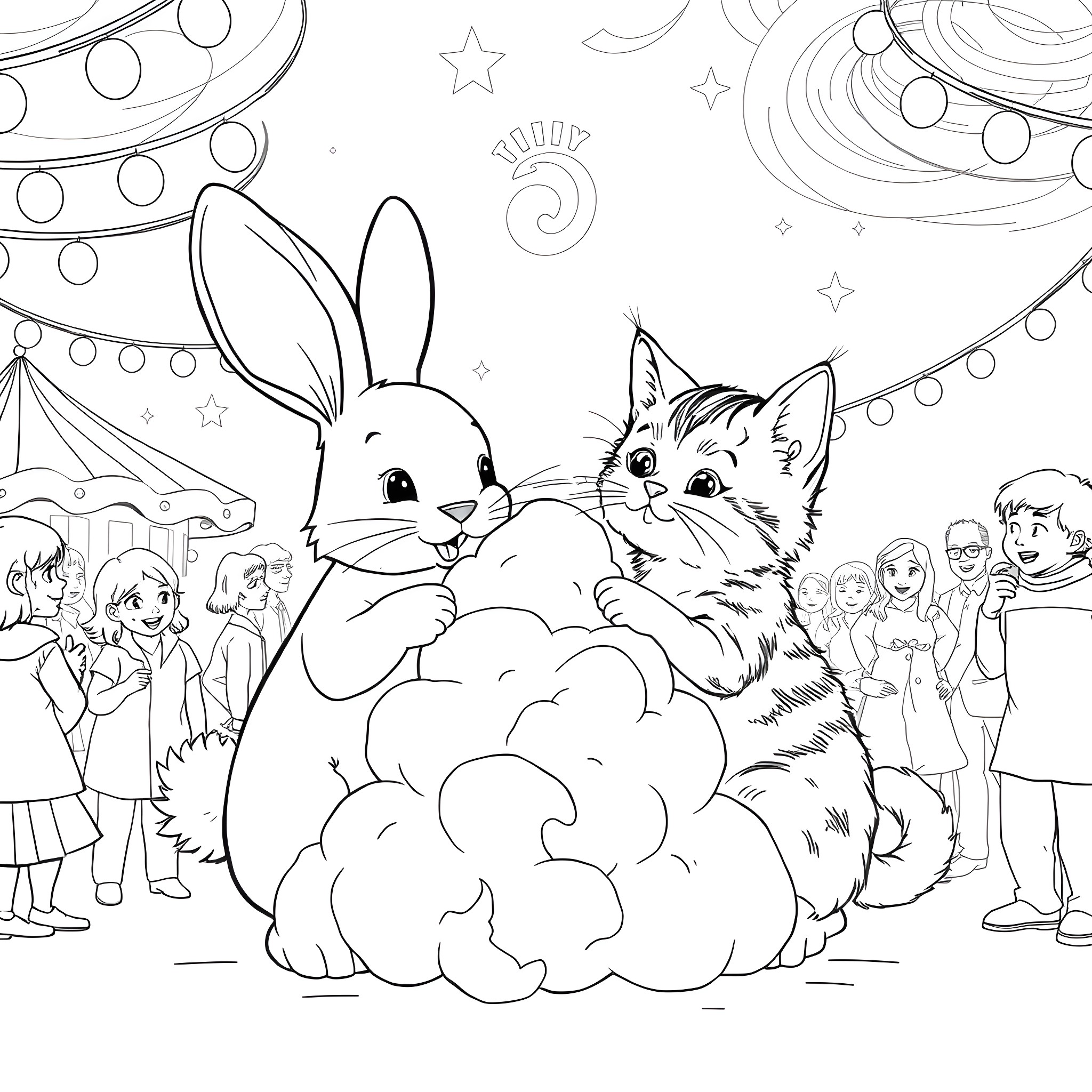 Bunny and Kitten at Carnival Party Coloring Page (free black-and-white line drawing printable PDF for all, from beginners to advanced learners, including children, teens, adults, and seniors)