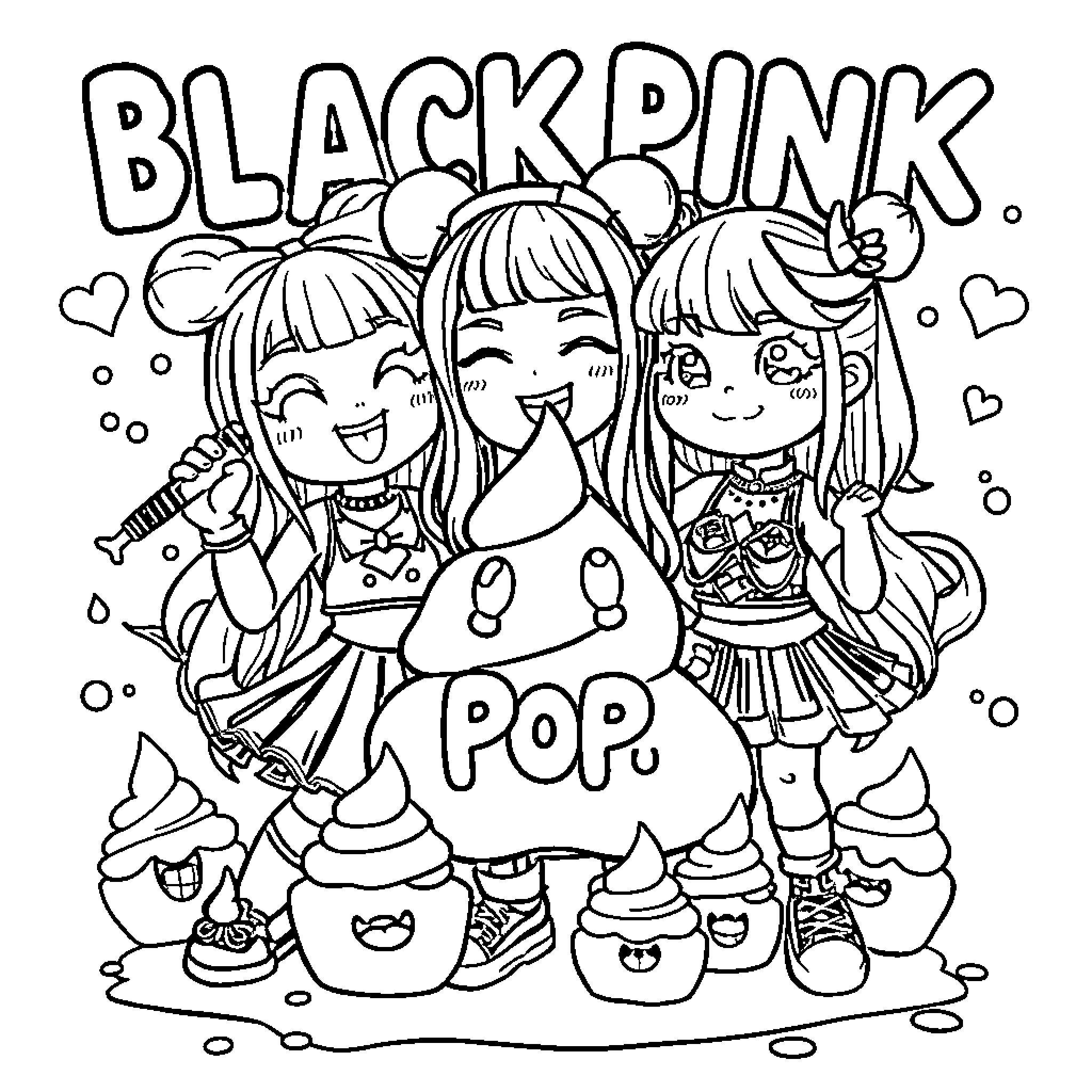 Blackpink Enjoying Pop-Themed Celebration Coloring Page (free black-and-white line drawing printable PDF for all, from beginners to advanced learners, including children, teens, adults, and seniors)