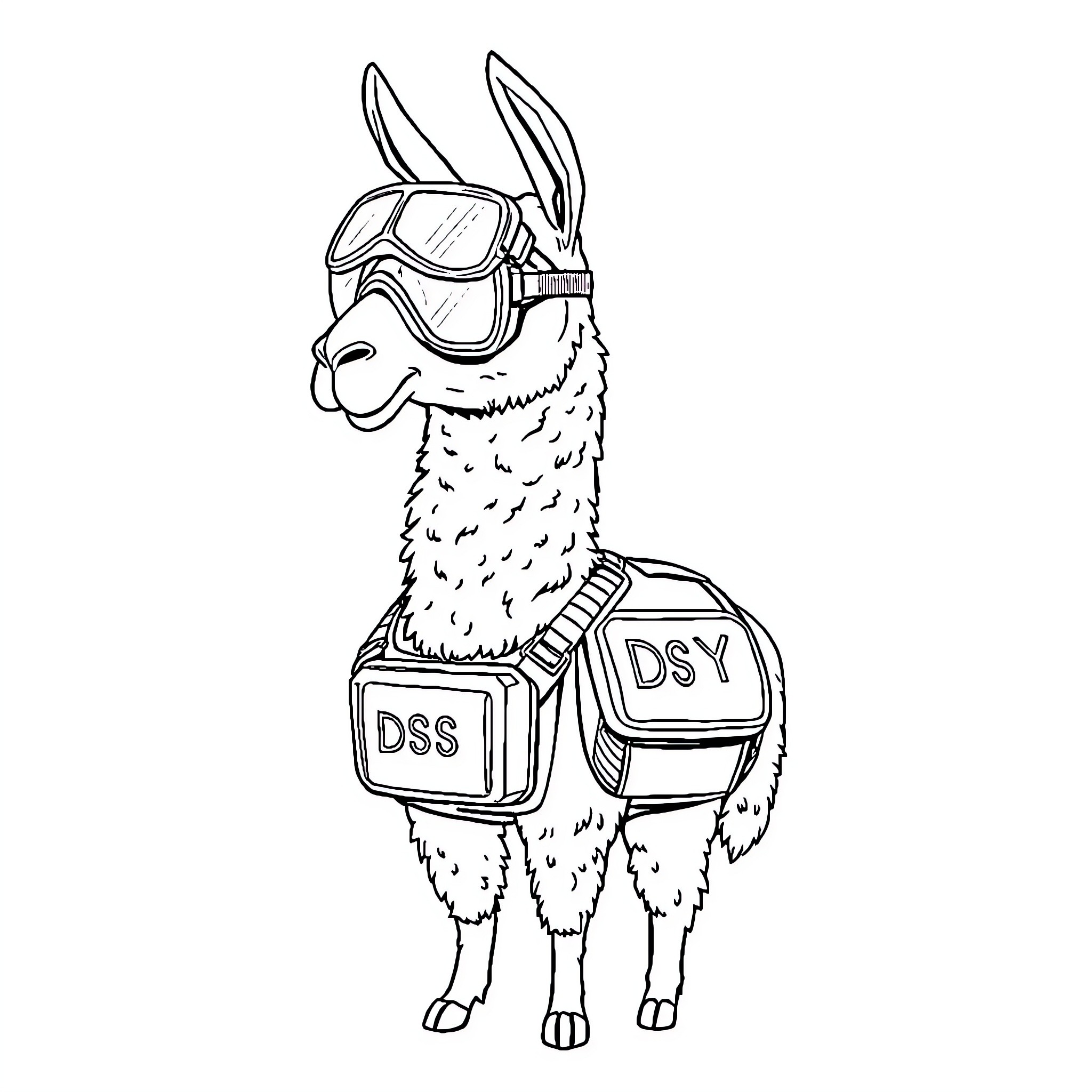 Llama wearing virtual reality goggles and backpacks Coloring Page (free black-and-white line drawing printable PDF for all, from beginners to advanced learners, including children, teens, adults, and seniors)