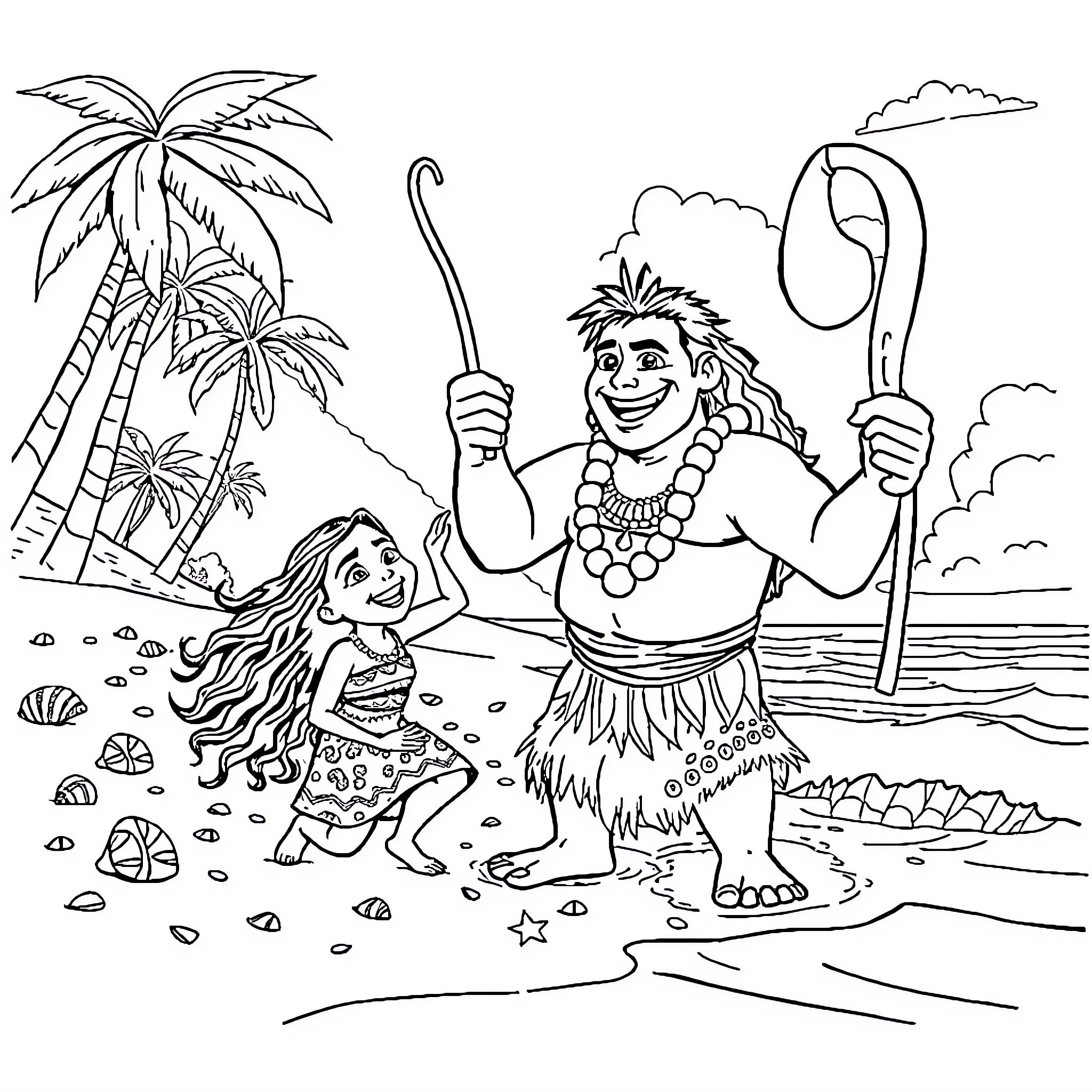 Maui and Moana enjoying the tropical beach Coloring Page (free black-and-white line drawing printable PDF for all, from beginners to advanced learners, including children, teens, adults, and seniors)