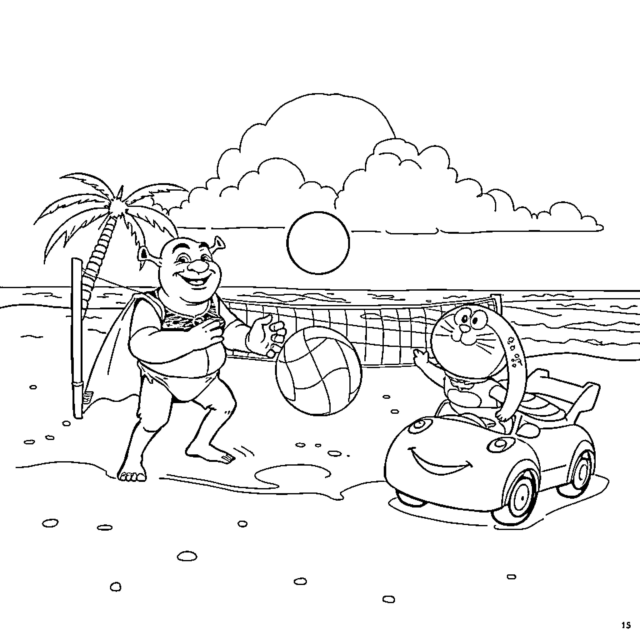 Shrek and friends enjoying a beach day Coloring Page (free black-and-white line drawing printable PDF for all, from beginners to advanced learners, including children, teens, adults, and seniors)