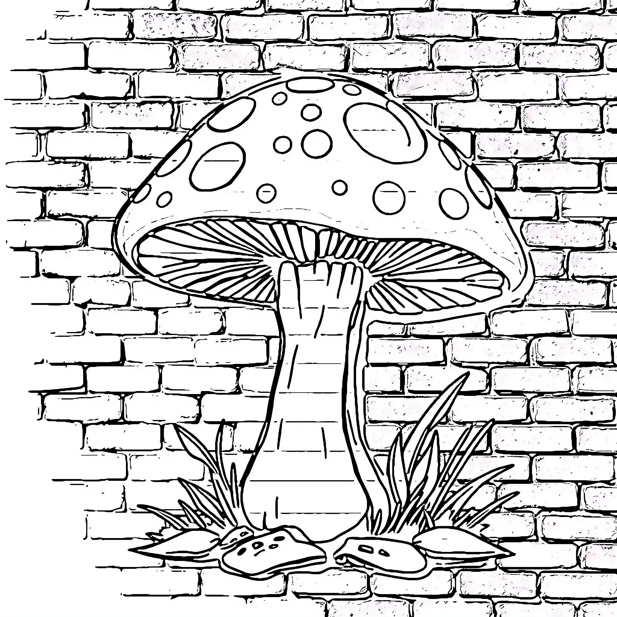 Mushroom growing on a brick wall Coloring Page (free black-and-white line drawing printable PDF for all, from beginners to advanced learners, including children, teens, adults, and seniors)