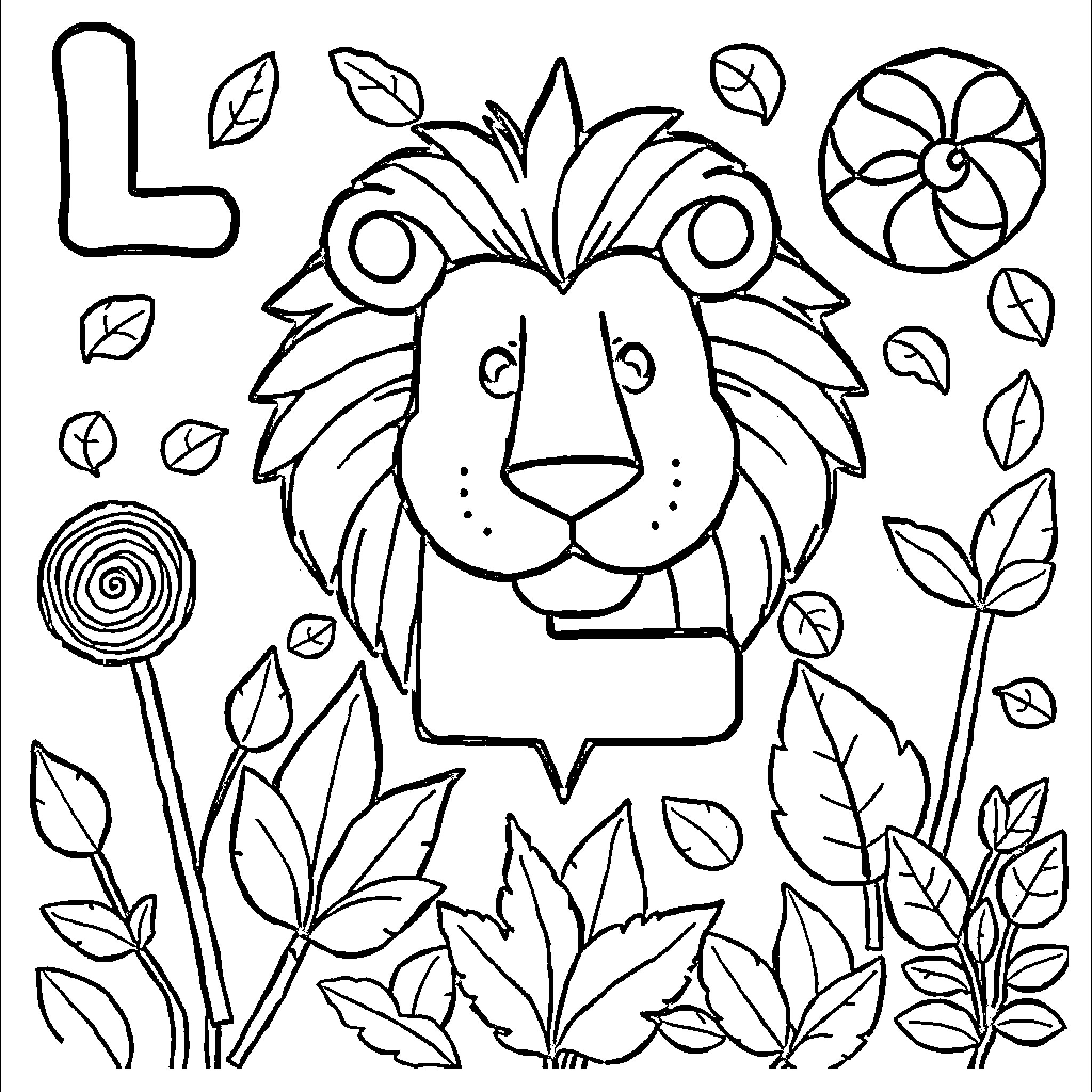 Lively Lion Lounging Lovingly Amid Lush Leaves Coloring Page (free black-and-white line drawing printable PDF for all, from beginners to advanced learners, including children, teens, adults, and seniors)