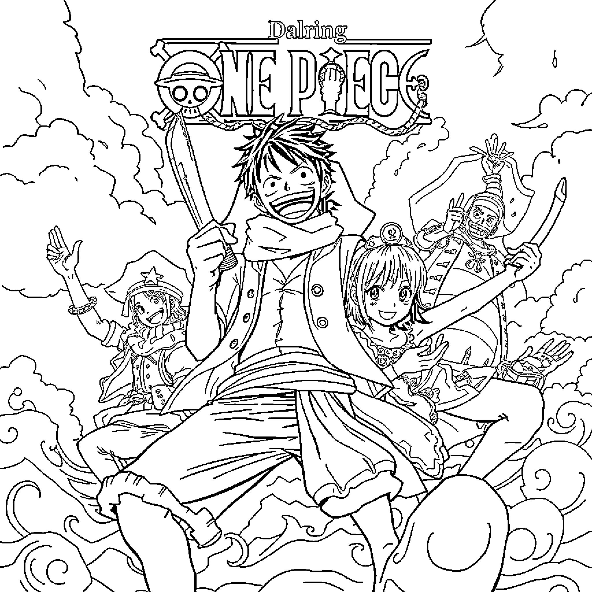 One Piece: Characters in Dynamic Action Poses Coloring Page (free black-and-white line drawing printable PDF for all, from beginners to advanced learners, including children, teens, adults, and seniors)