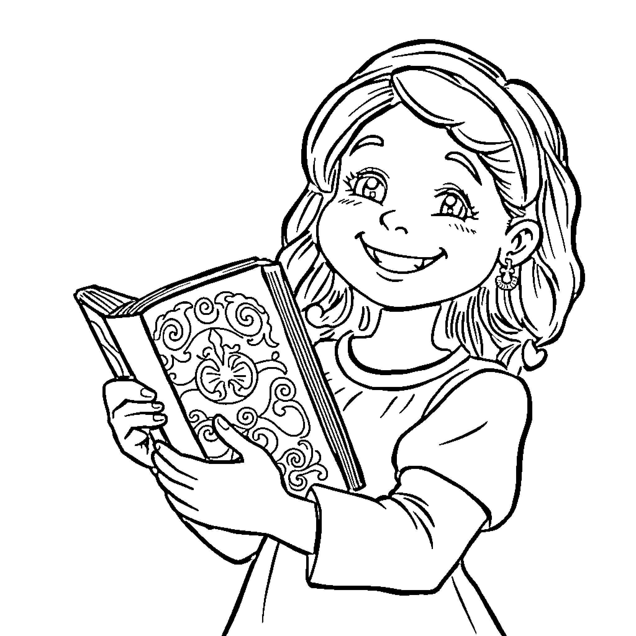 Mary Jones reading a book happily Coloring Page (free black-and-white line drawing printable PDF for all, from beginners to advanced learners, including children, teens, adults, and seniors)