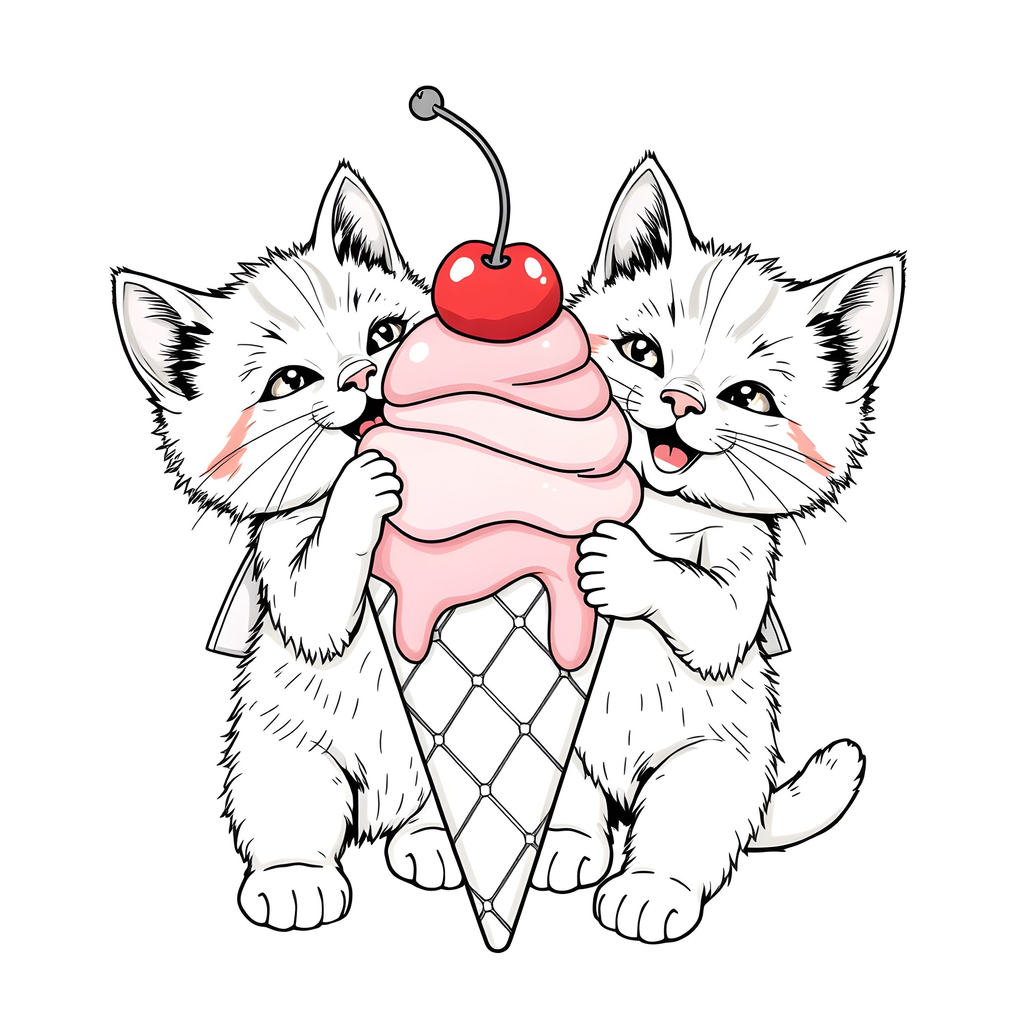 Superkitties enjoy their sweet treats Coloring Page (free black-and-white line drawing printable PDF for all, from beginners to advanced learners, including children, teens, adults, and seniors)