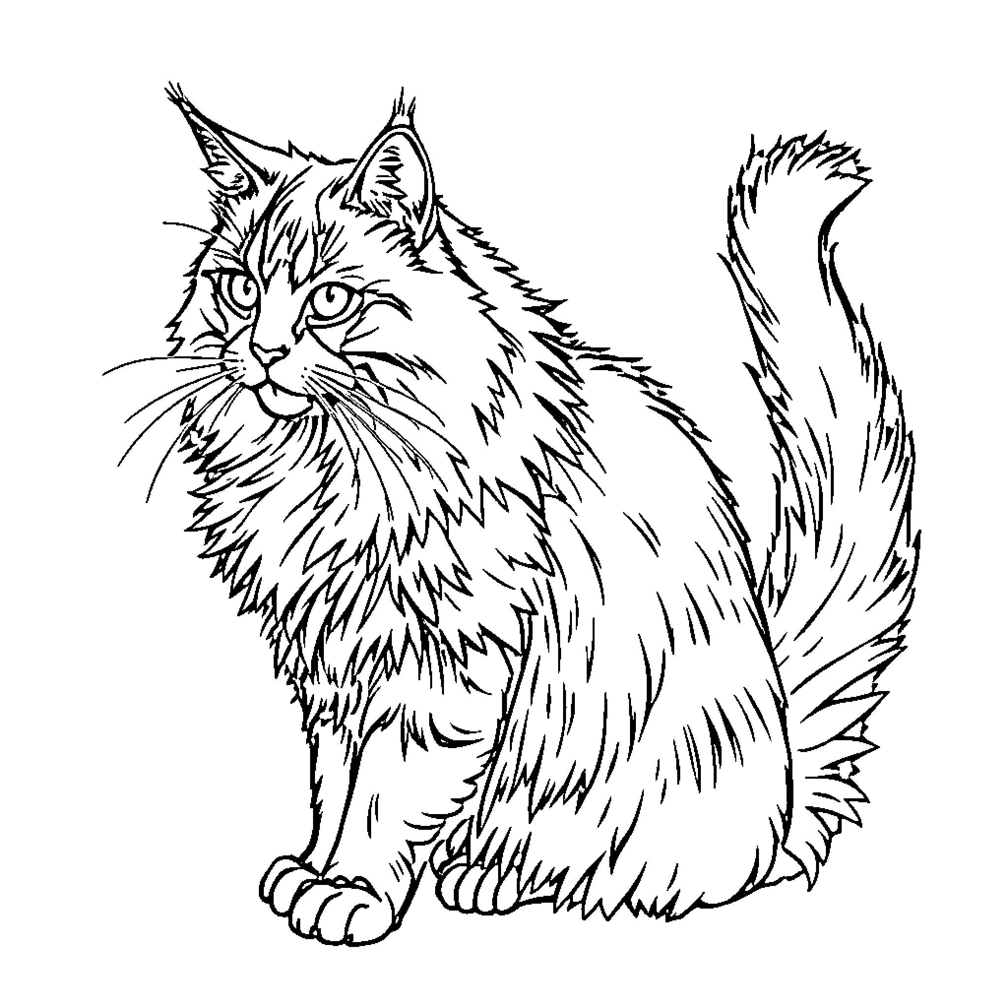 Maine Coon cat with fluffy fur Coloring Page (free black-and-white line drawing printable PDF for all, from beginners to advanced learners, including children, teens, adults, and seniors)