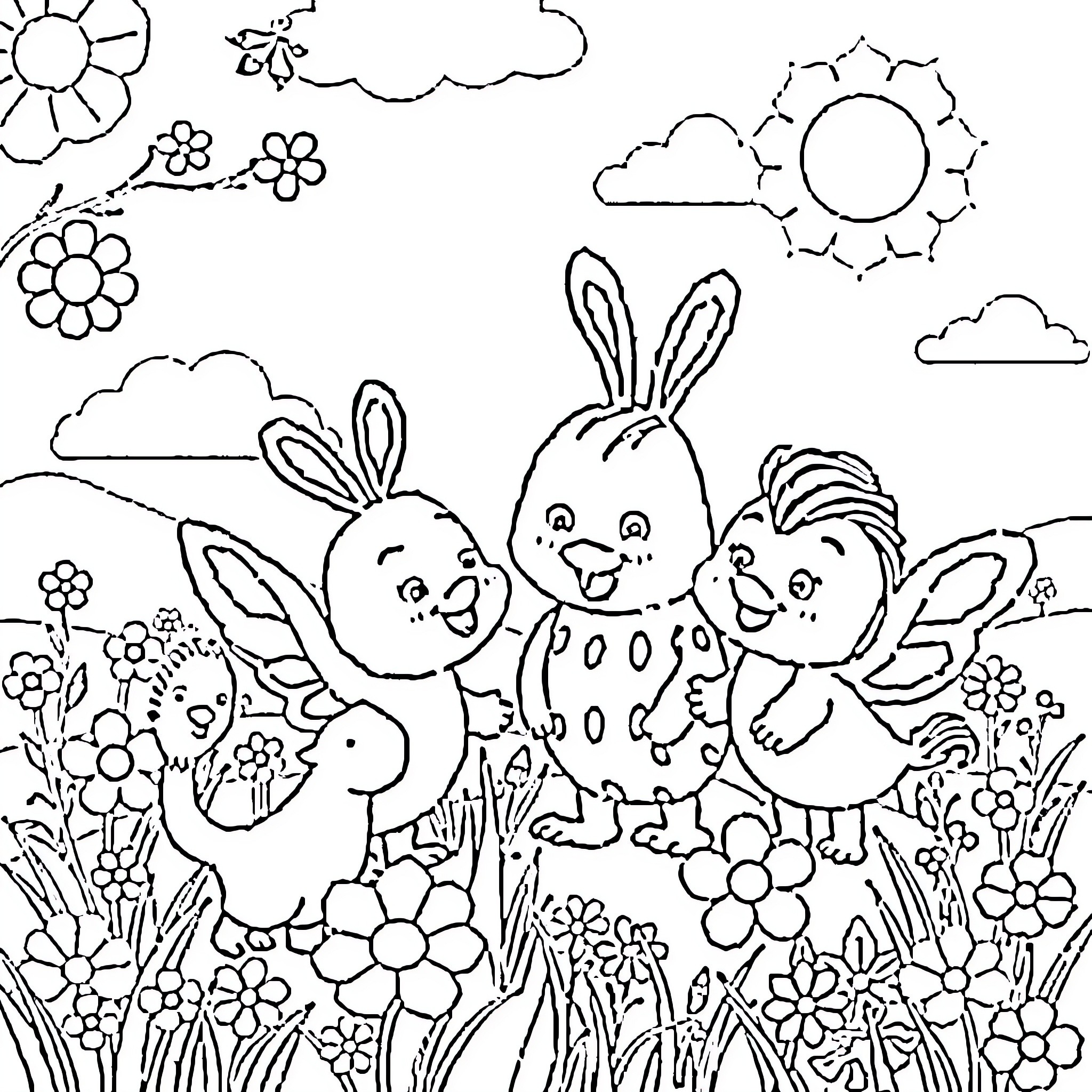 Diddl Bunnies playing joyfully in the meadow Coloring Page (free black-and-white line drawing printable PDF for all, from beginners to advanced learners, including children, teens, adults, and seniors)