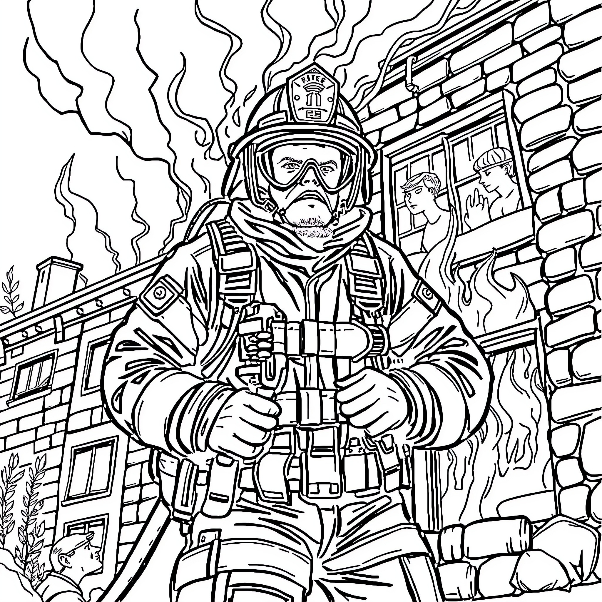 Firefighter battling a blaze in a burning building Coloring Page (free black-and-white line drawing printable PDF for all, from beginners to advanced learners, including children, teens, adults, and seniors)