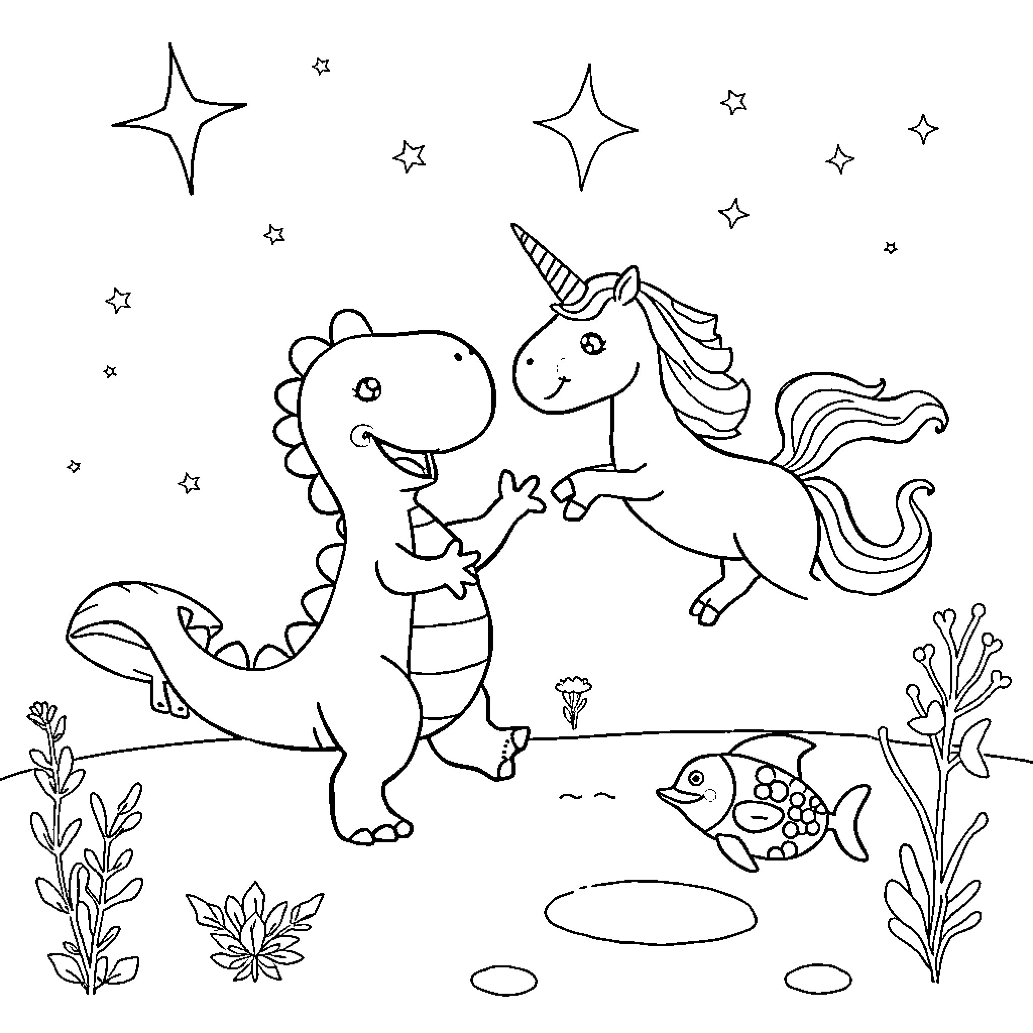 Dinosaur and unicorn playing in nature Coloring Page (free black-and-white line drawing printable PDF for all, from beginners to advanced learners, including children, teens, adults, and seniors)