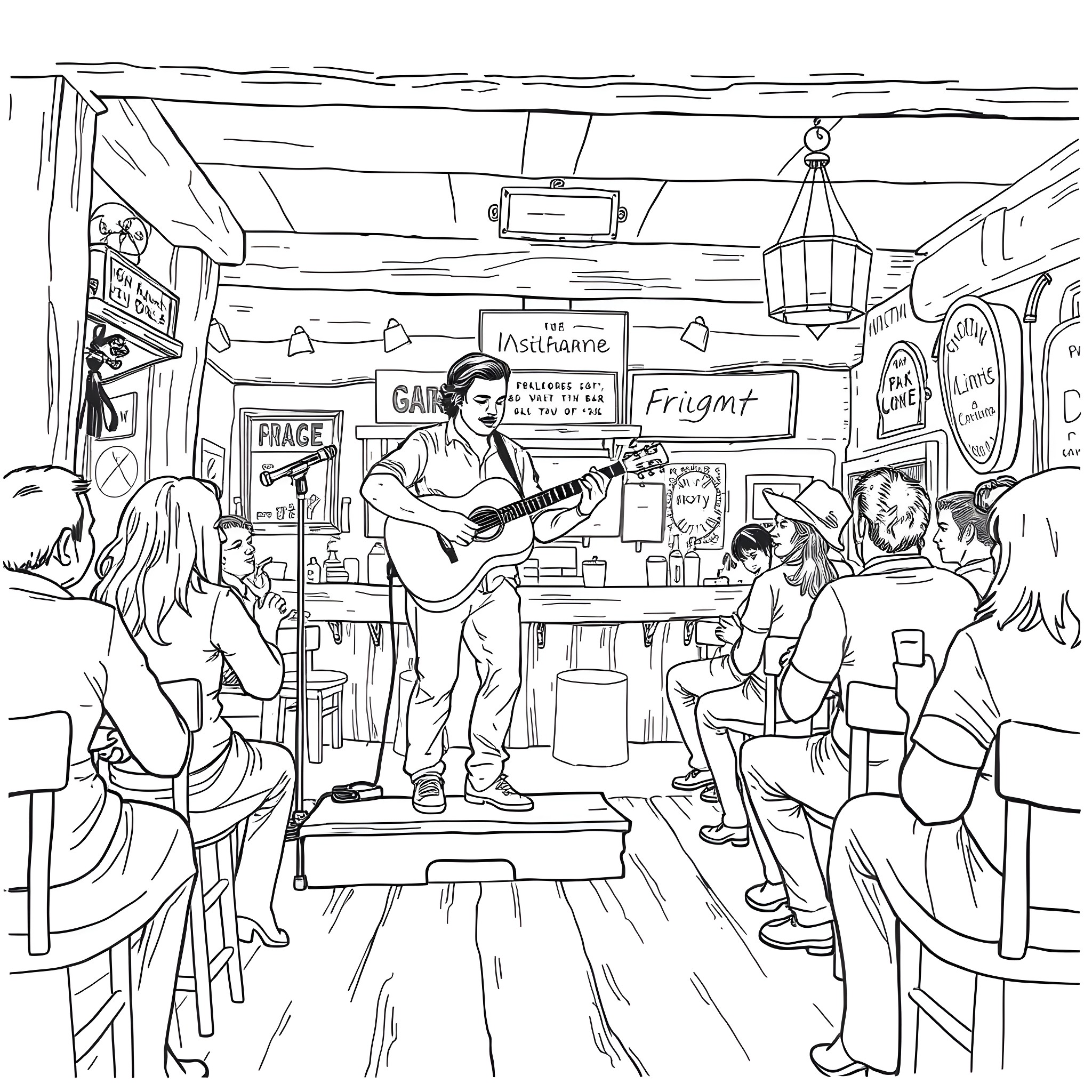 Sturgill Simpson performing on stage in a cafe Coloring Page (free black-and-white line drawing printable PDF for all, from beginners to advanced learners, including children, teens, adults, and seniors)