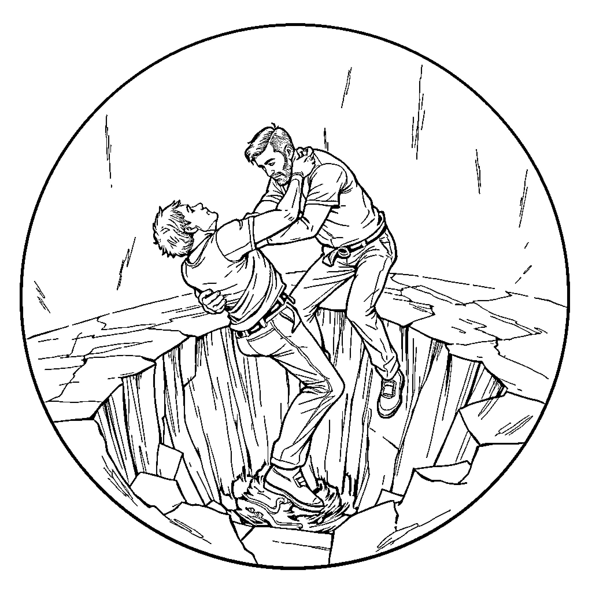 Man Rescuing Another from Dangerous Cliff Coloring Page (free black-and-white line drawing printable PDF for all, from beginners to advanced learners, including children, teens, adults, and seniors)