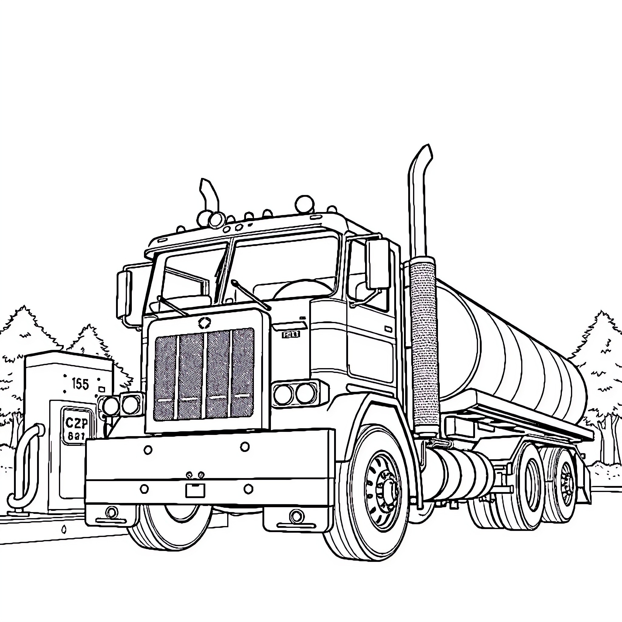Camion transporting large fuel tank on the highway Coloring Page (free black-and-white line drawing printable PDF for all, from beginners to advanced learners, including children, teens, adults, and seniors)