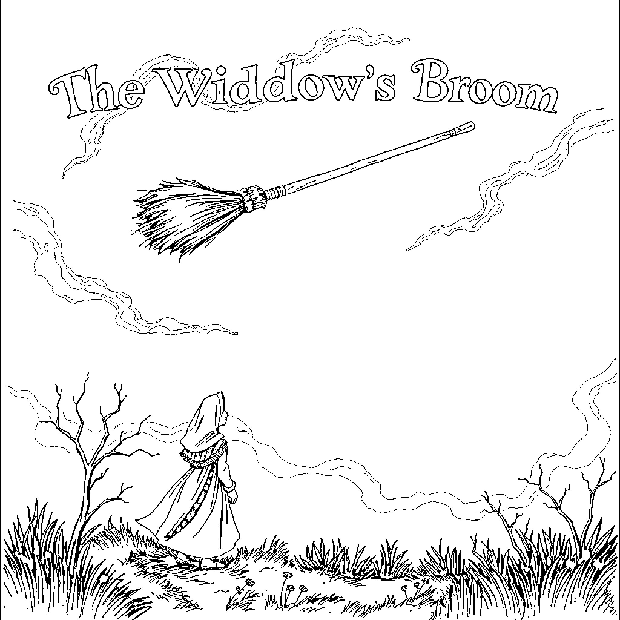 Broom in Magical Landscape Coloring Page (free black-and-white line drawing printable PDF for all, from beginners to advanced learners, including children, teens, adults, and seniors)