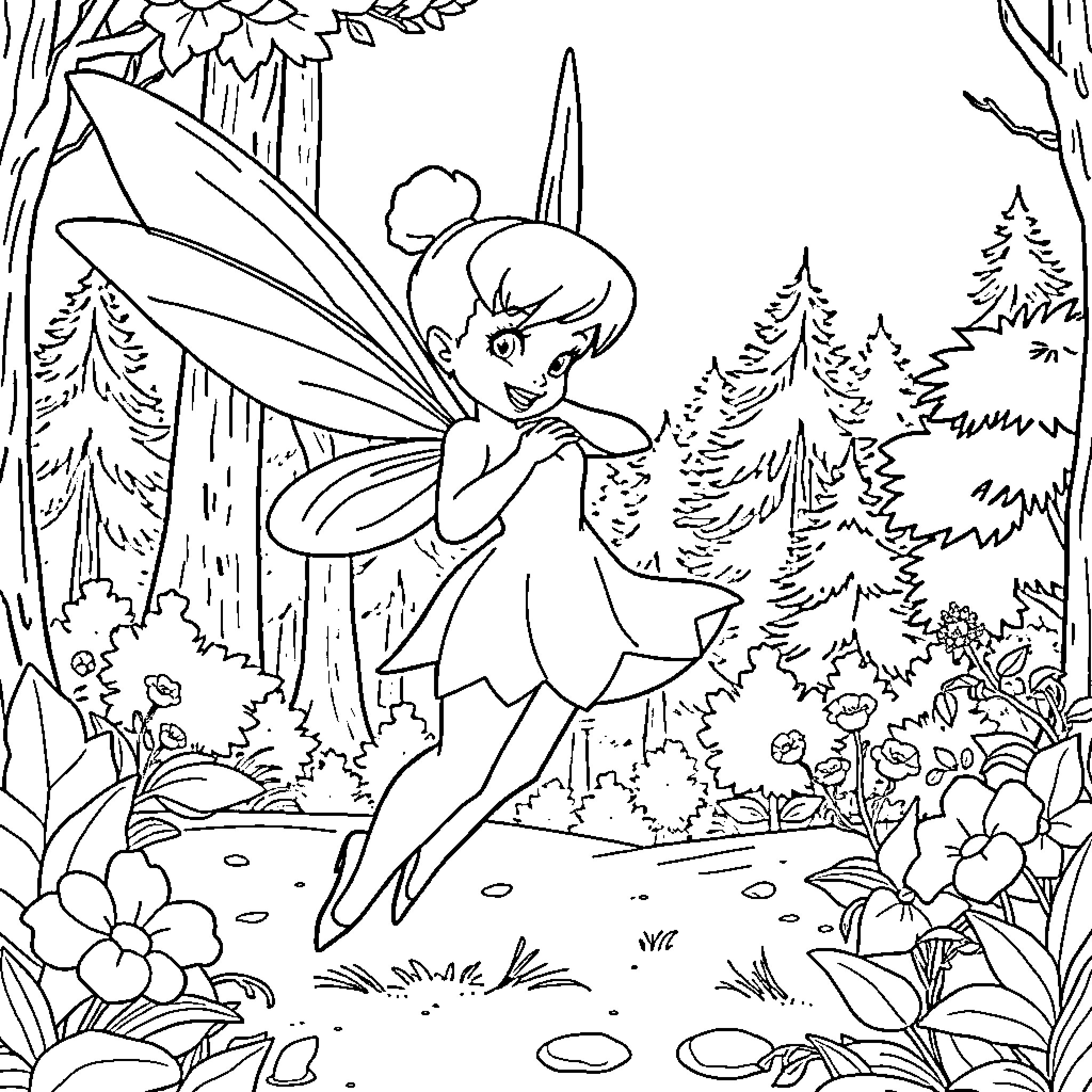 Tinkerbell exploring the enchanted forest Coloring Page (free black-and-white line drawing printable PDF for all, from beginners to advanced learners, including children, teens, adults, and seniors)