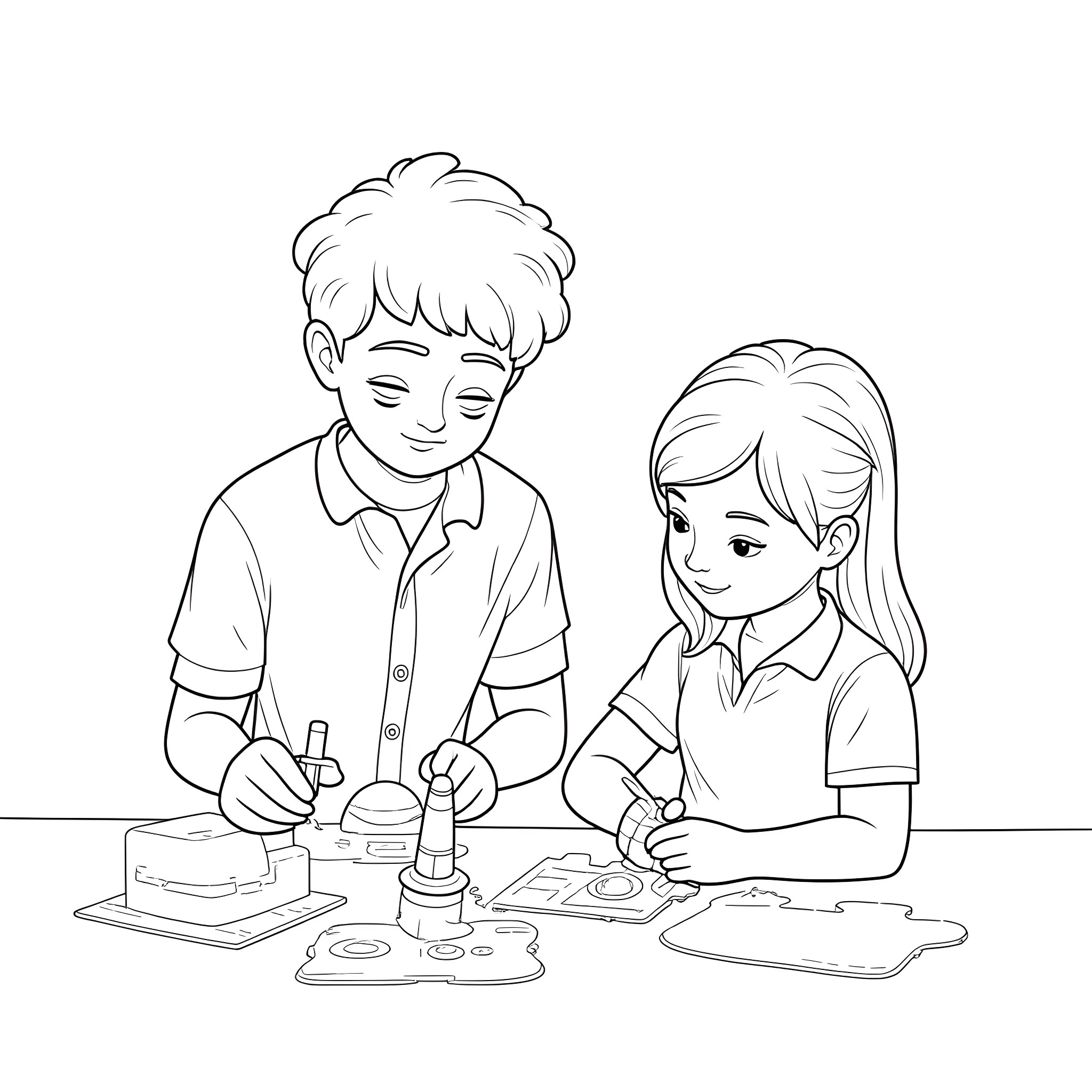 Kid experimenting with science project together Coloring Page (free black-and-white line drawing printable PDF for all, from beginners to advanced learners, including children, teens, adults, and seniors)