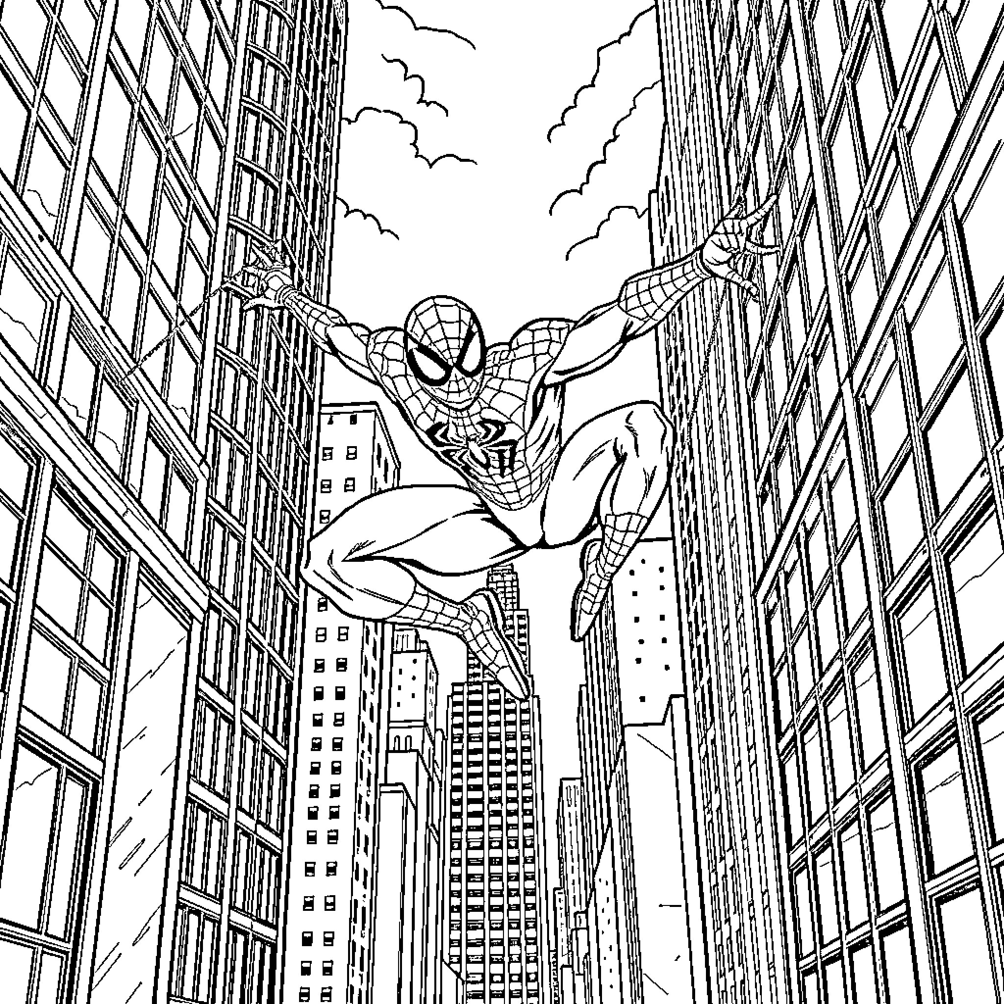 Spidey swinging through the city skyline Coloring Page (free black-and-white line drawing printable PDF for all, from beginners to advanced learners, including children, teens, adults, and seniors)