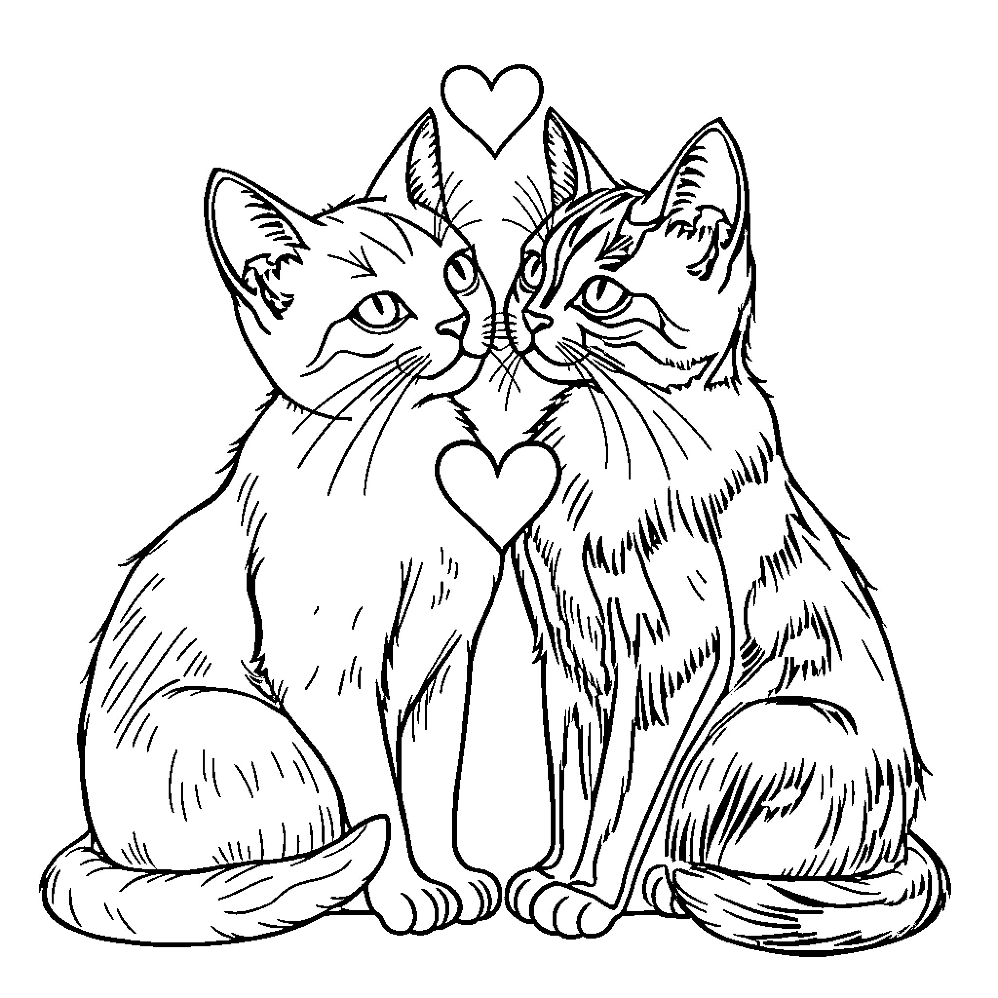Cat Couple Sharing Hearts Coloring Page (free black-and-white line drawing printable PDF for all, from beginners to advanced learners, including children, teens, adults, and seniors)