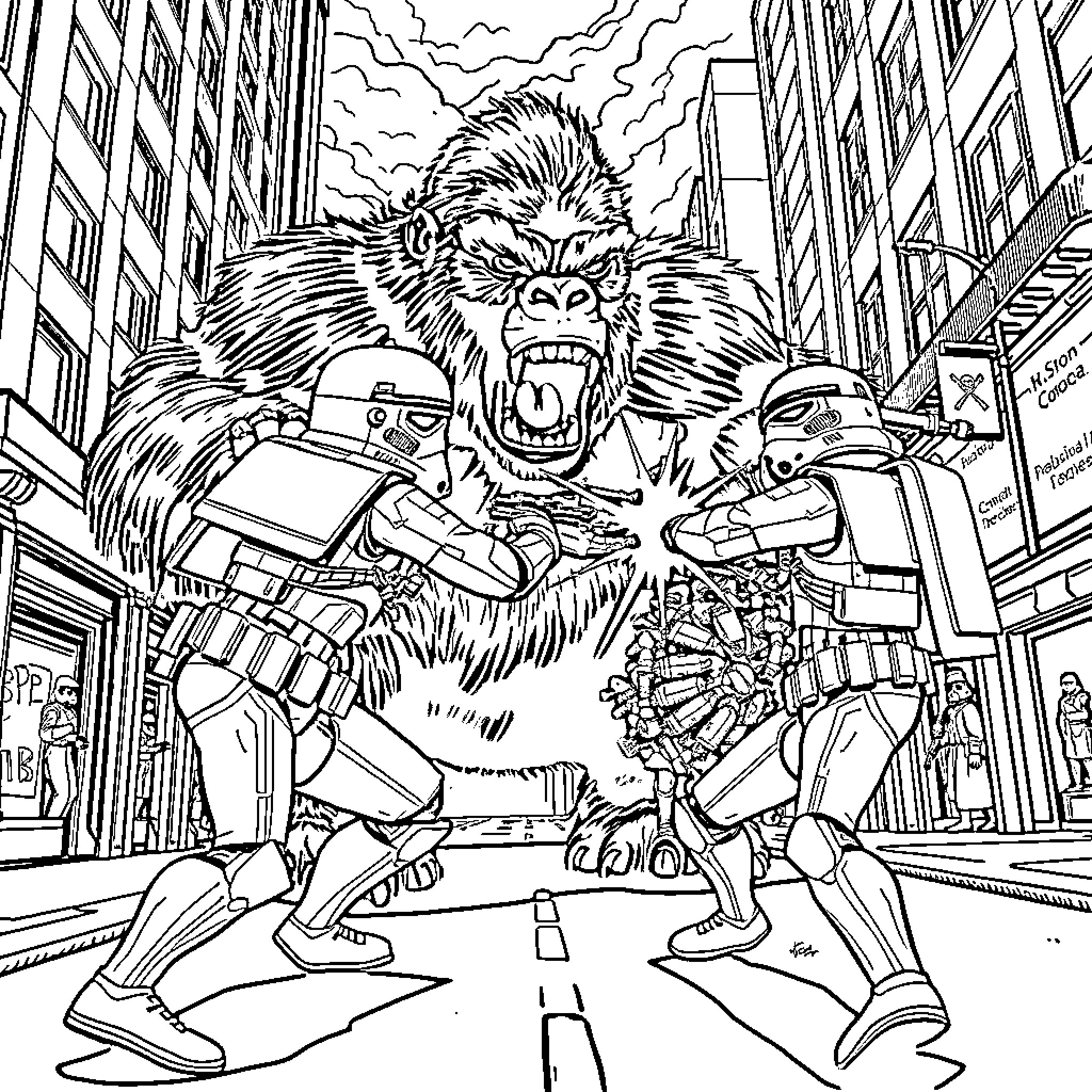 Stormtroopers in battle against a massive beast Coloring Page (free black-and-white line drawing printable PDF for all, from beginners to advanced learners, including children, teens, adults, and seniors)