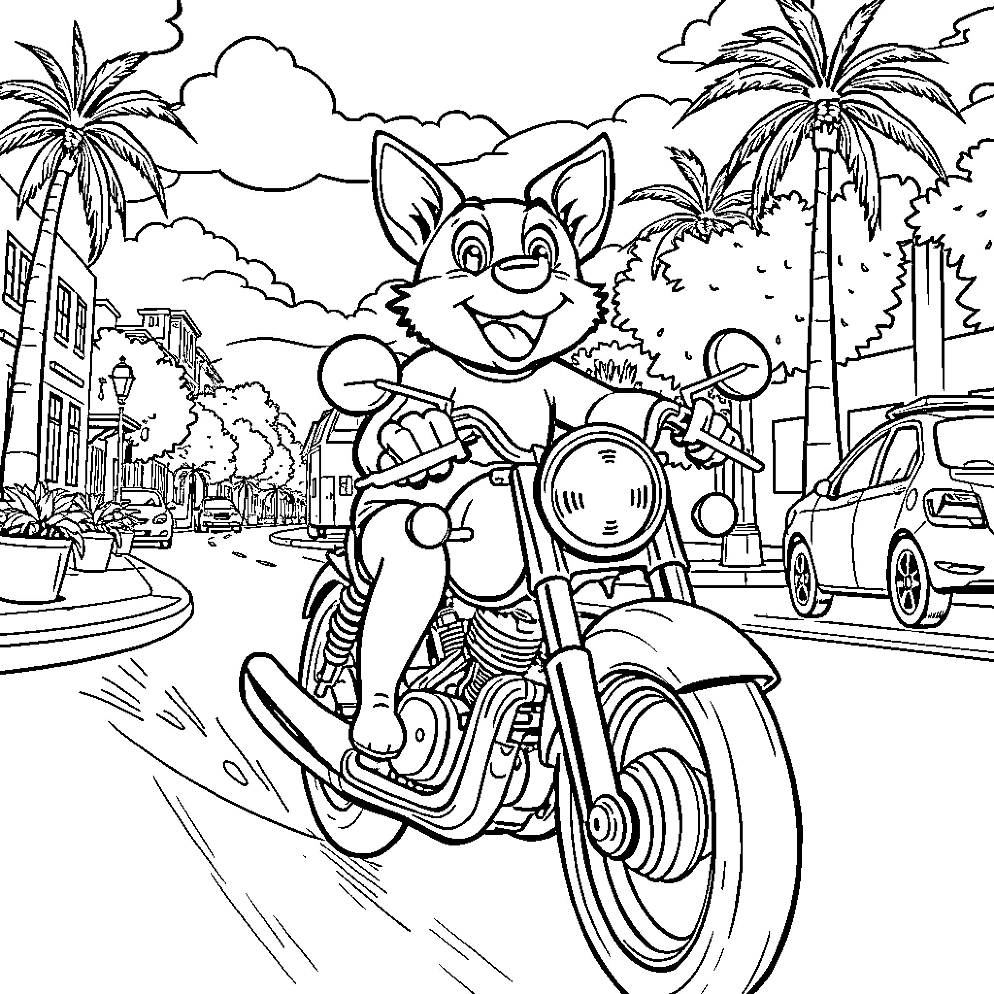 Bluey riding a motorcycle in a tropical city Coloring Page (free black-and-white line drawing printable PDF for all, from beginners to advanced learners, including children, teens, adults, and seniors)