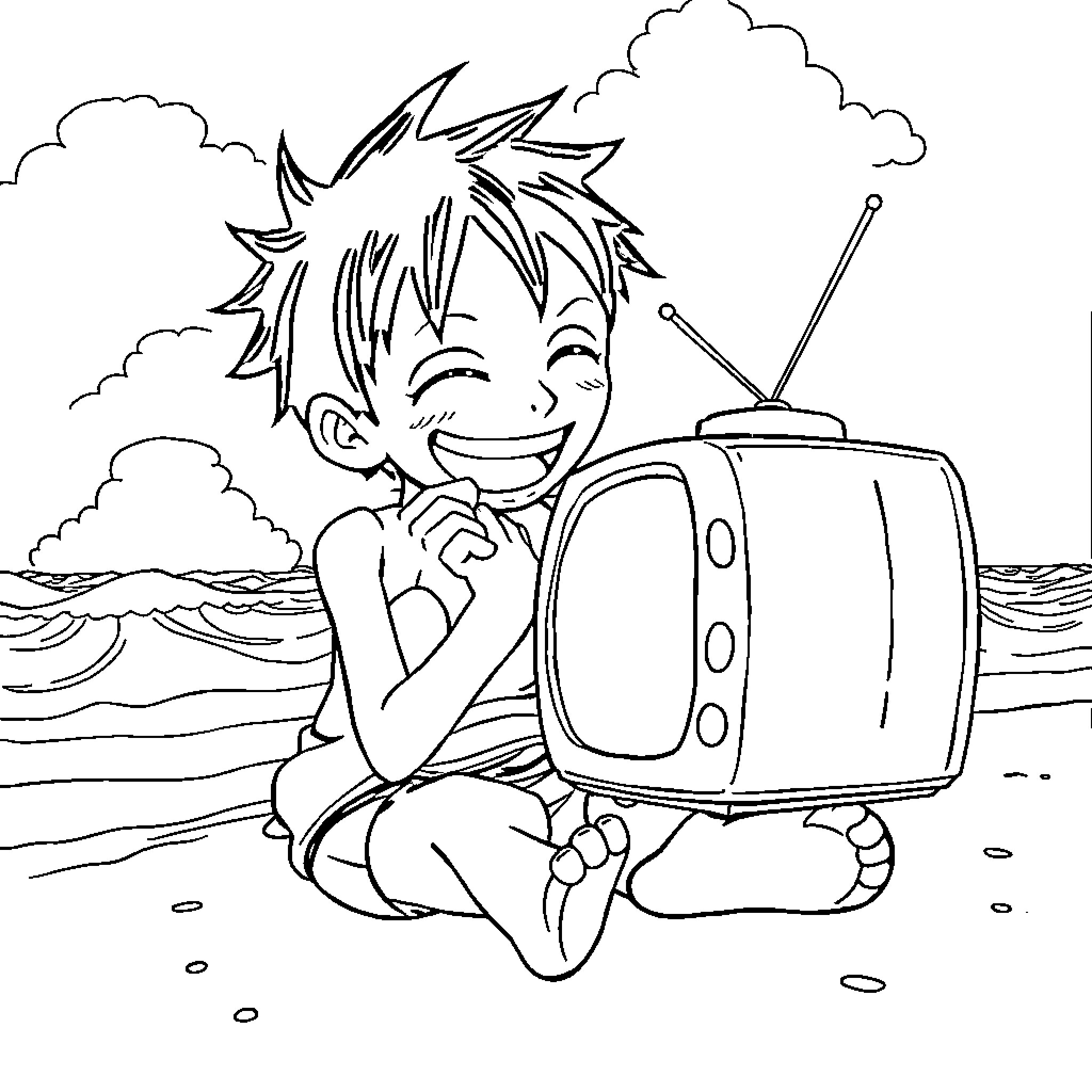 Luffy enjoying television in a scenic beach setting Coloring Page (free black-and-white line drawing printable PDF for all, from beginners to advanced learners, including children, teens, adults, and seniors)
