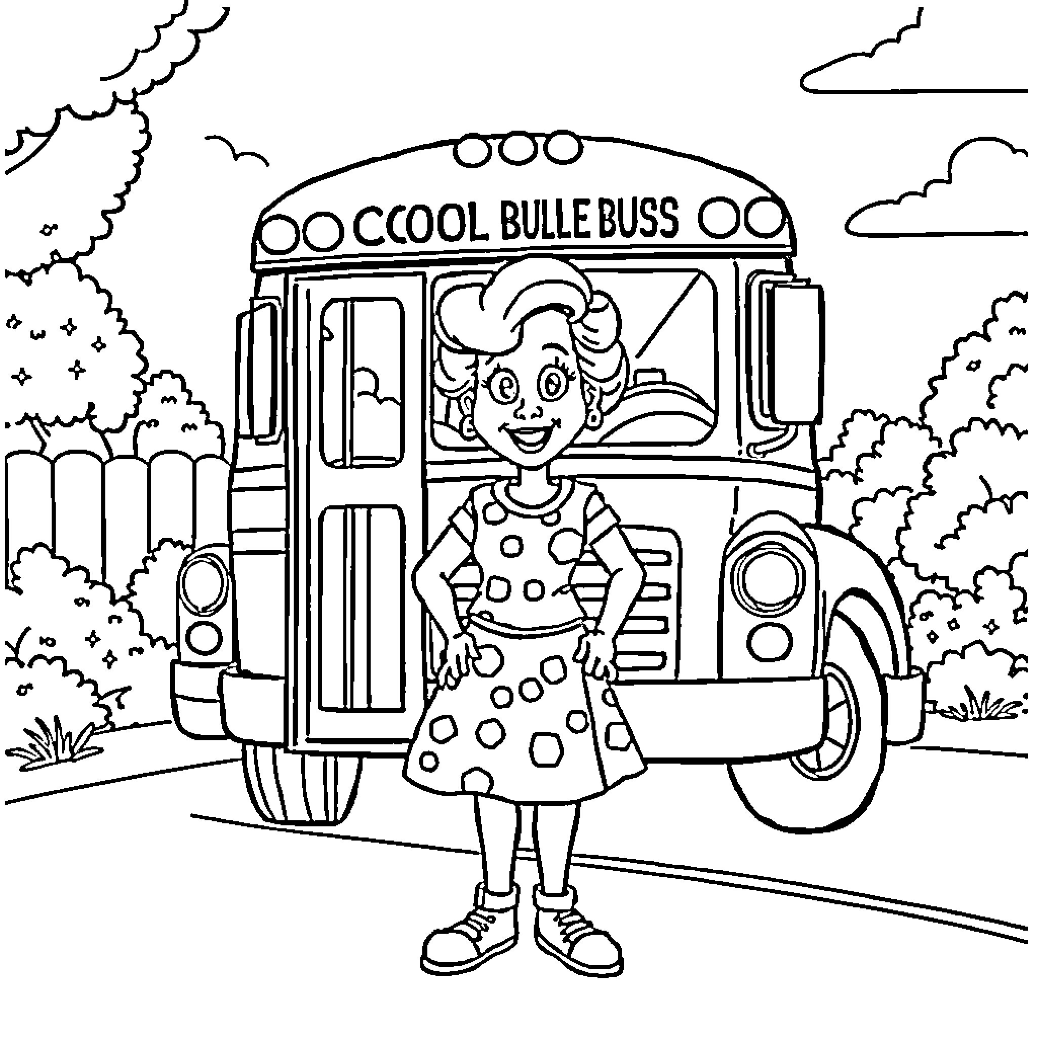 Ms Frizzle's Eclectic School Bus Adventure Coloring Page (free black-and-white line drawing printable PDF for all, from beginners to advanced learners, including children, teens, adults, and seniors)