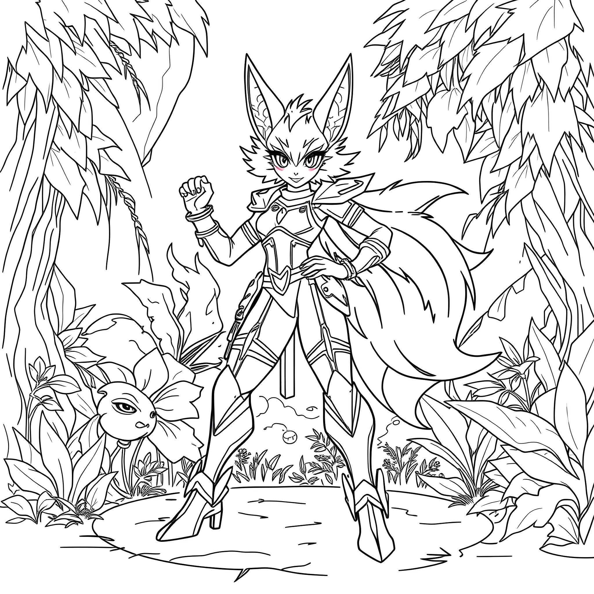 Krystal's Enchanted Forest Adventure Coloring Page (free black-and-white line drawing printable PDF for all, from beginners to advanced learners, including children, teens, adults, and seniors)