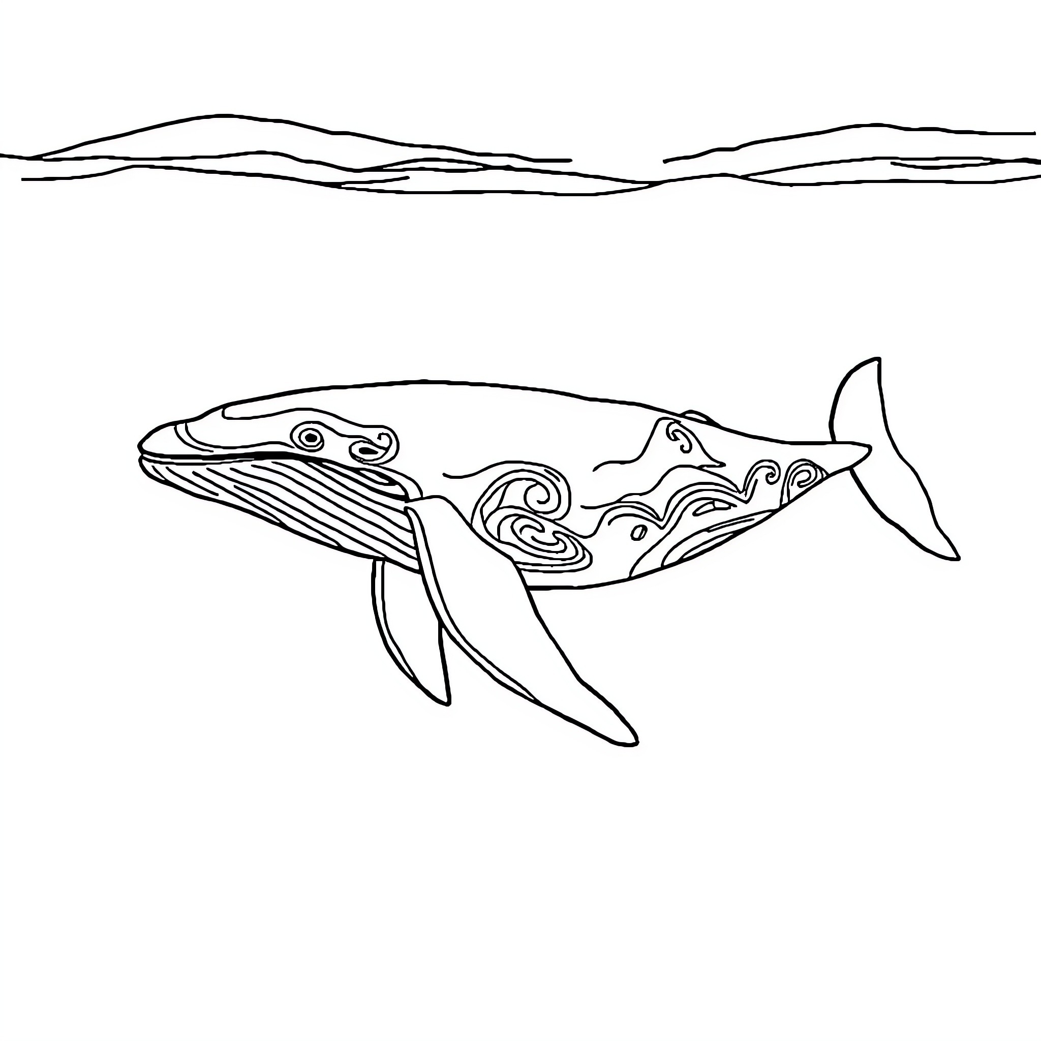 Whale gliding through the ocean Coloring Page (free black-and-white line drawing printable PDF for all, from beginners to advanced learners, including children, teens, adults, and seniors)