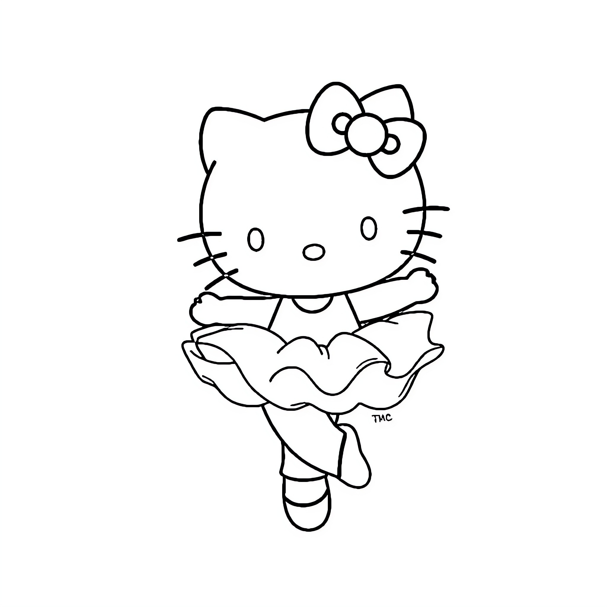 Hello Kitty ballerina dancing gracefully Coloring Page (free black-and-white line drawing printable PDF for all, from beginners to advanced learners, including children, teens, adults, and seniors)