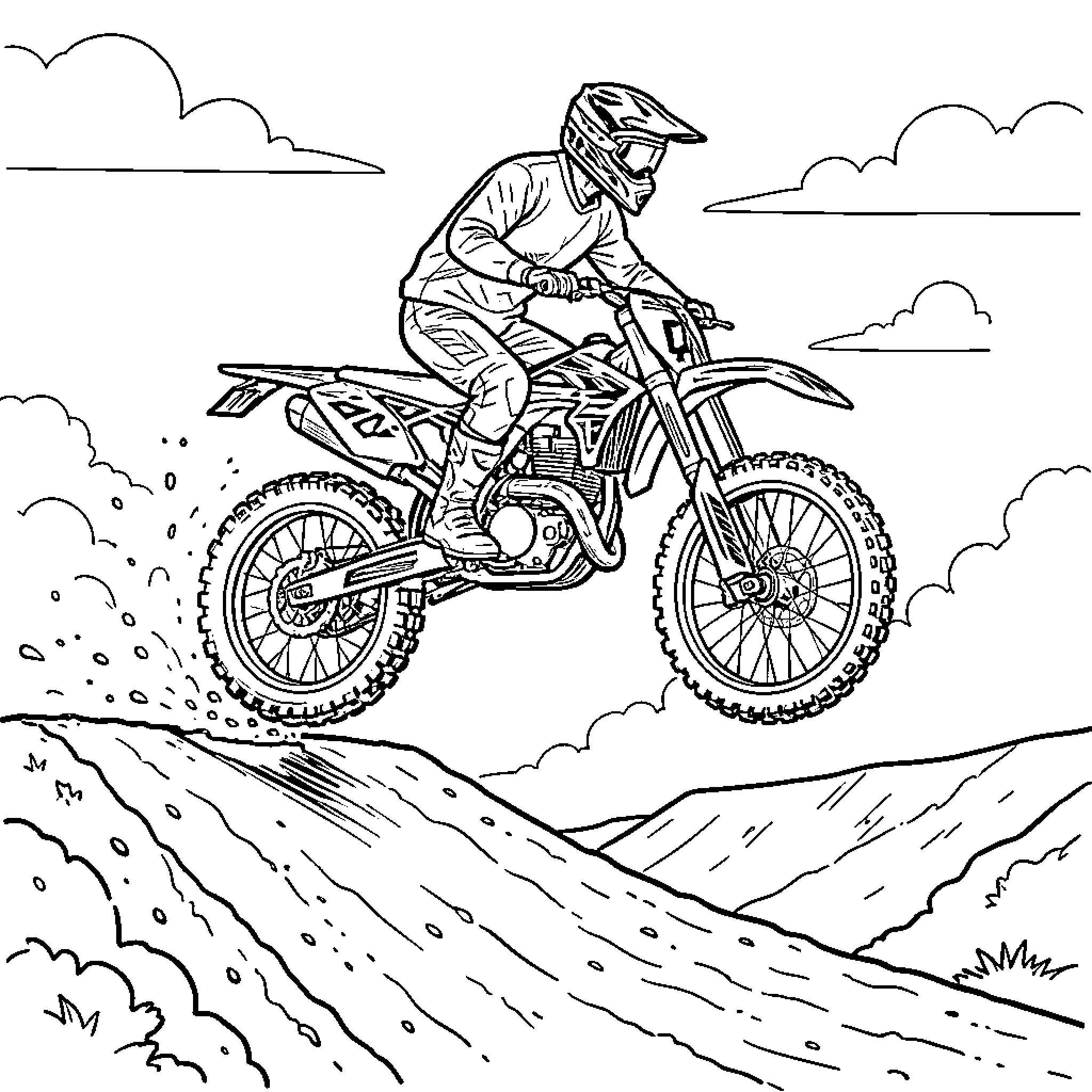 Motocross rider performing a jump on a dirt track Coloring Page (free black-and-white line drawing printable PDF for all, from beginners to advanced learners, including children, teens, adults, and seniors)