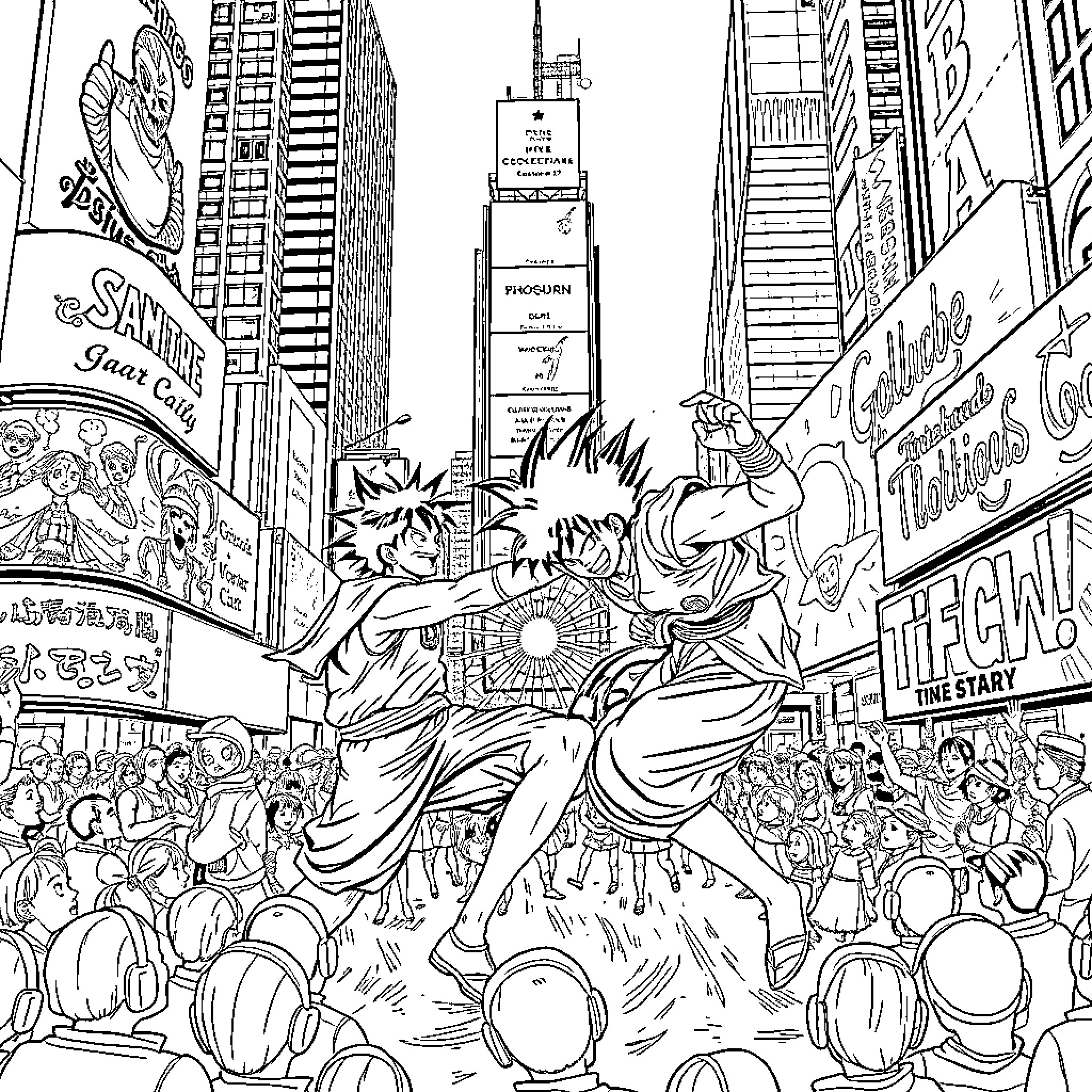 Luffy's Lively Celebration in the Bustling City Coloring Page (free black-and-white line drawing printable PDF for all, from beginners to advanced learners, including children, teens, adults, and seniors)