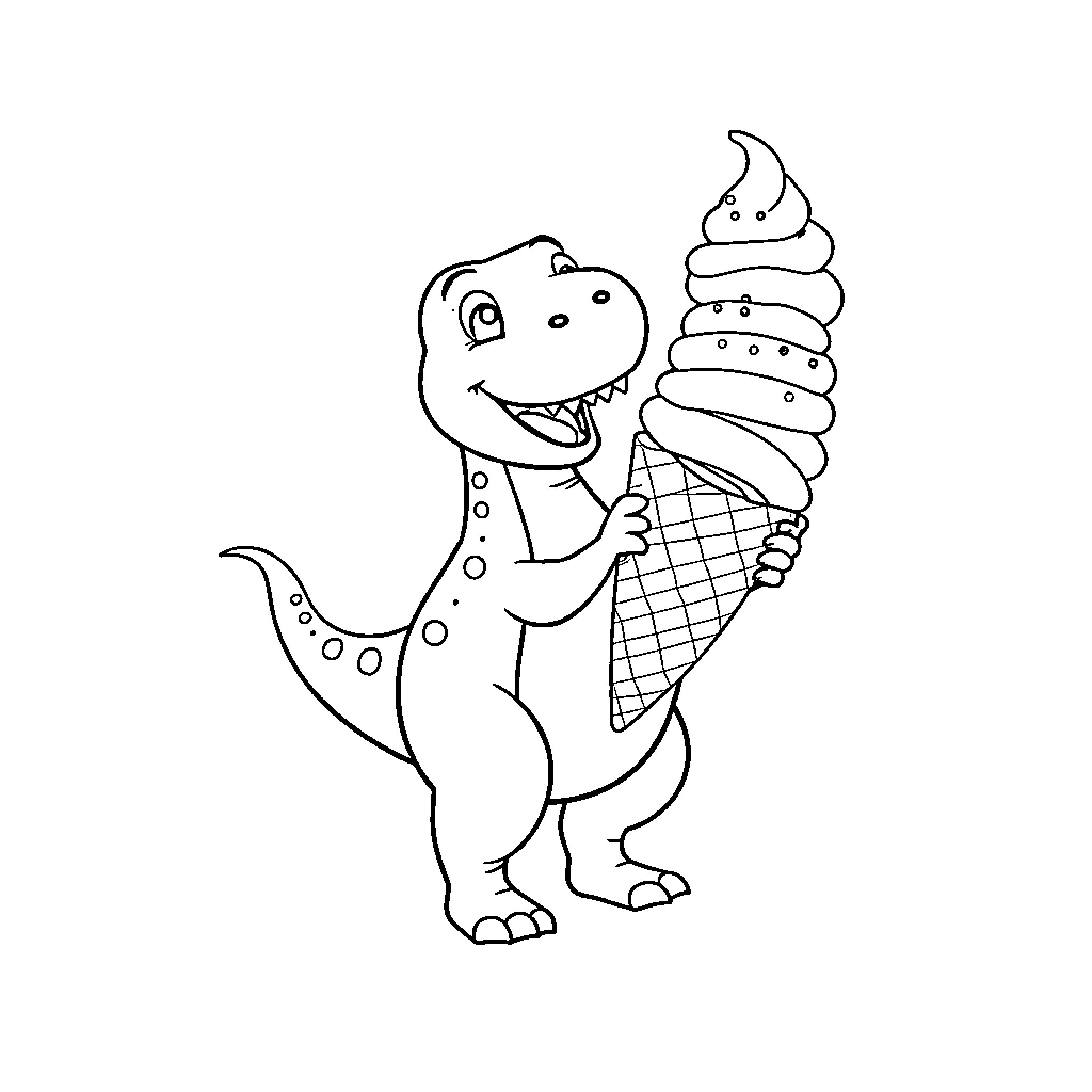 Dinosaur enjoying a tasty ice cream cone Coloring Page (free black-and-white line drawing printable PDF for all, from beginners to advanced learners, including children, teens, adults, and seniors)