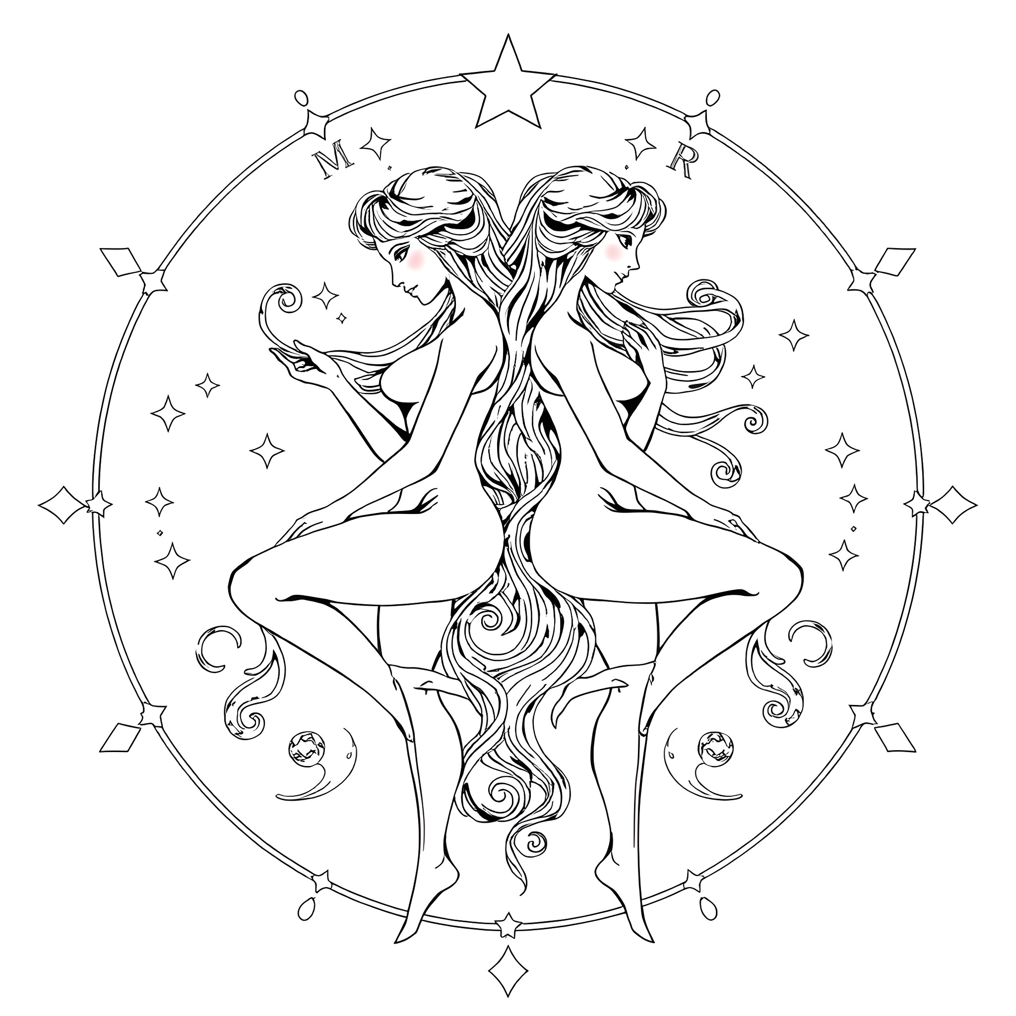 Gemini: Ethereal twins in a cosmic dance Coloring Page (free black-and-white line drawing printable PDF for all, from beginners to advanced learners, including children, teens, adults, and seniors)