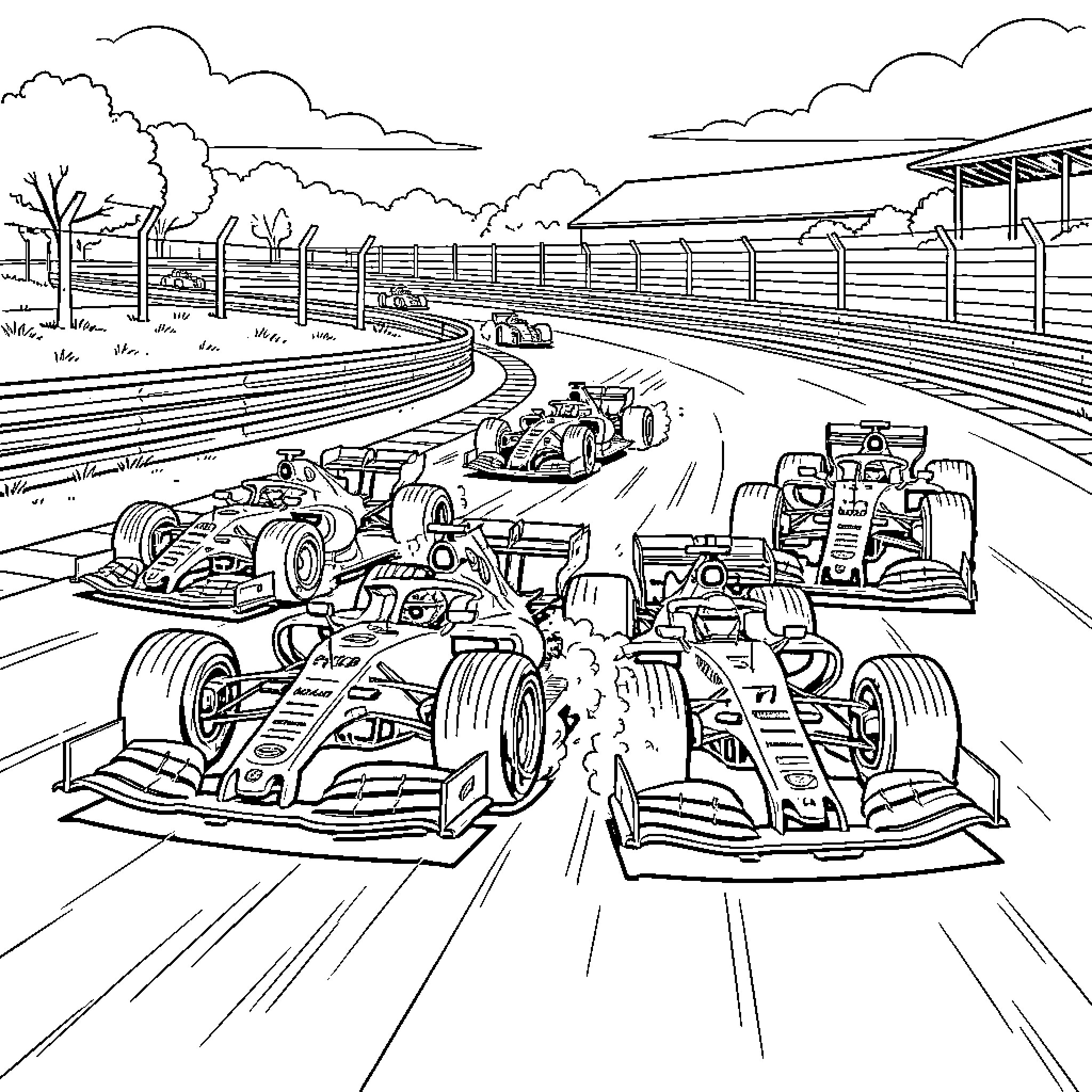 Formula 1 racing cars speeding around a track curve Coloring Page (free black-and-white line drawing printable PDF for all, from beginners to advanced learners, including children, teens, adults, and seniors)