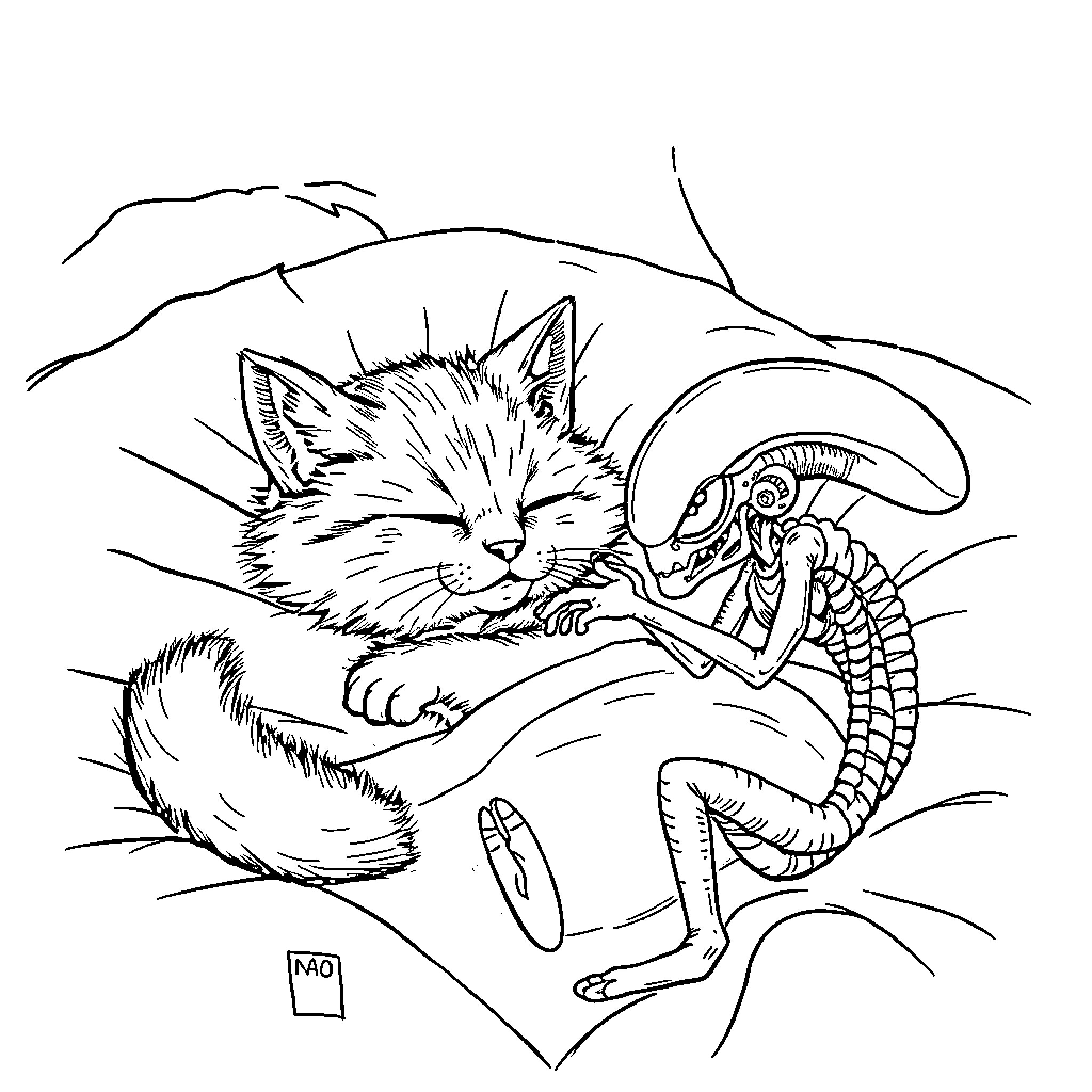 Cat resting next to a reptile in the wild Coloring Page (free black-and-white line drawing printable PDF for all, from beginners to advanced learners, including children, teens, adults, and seniors)