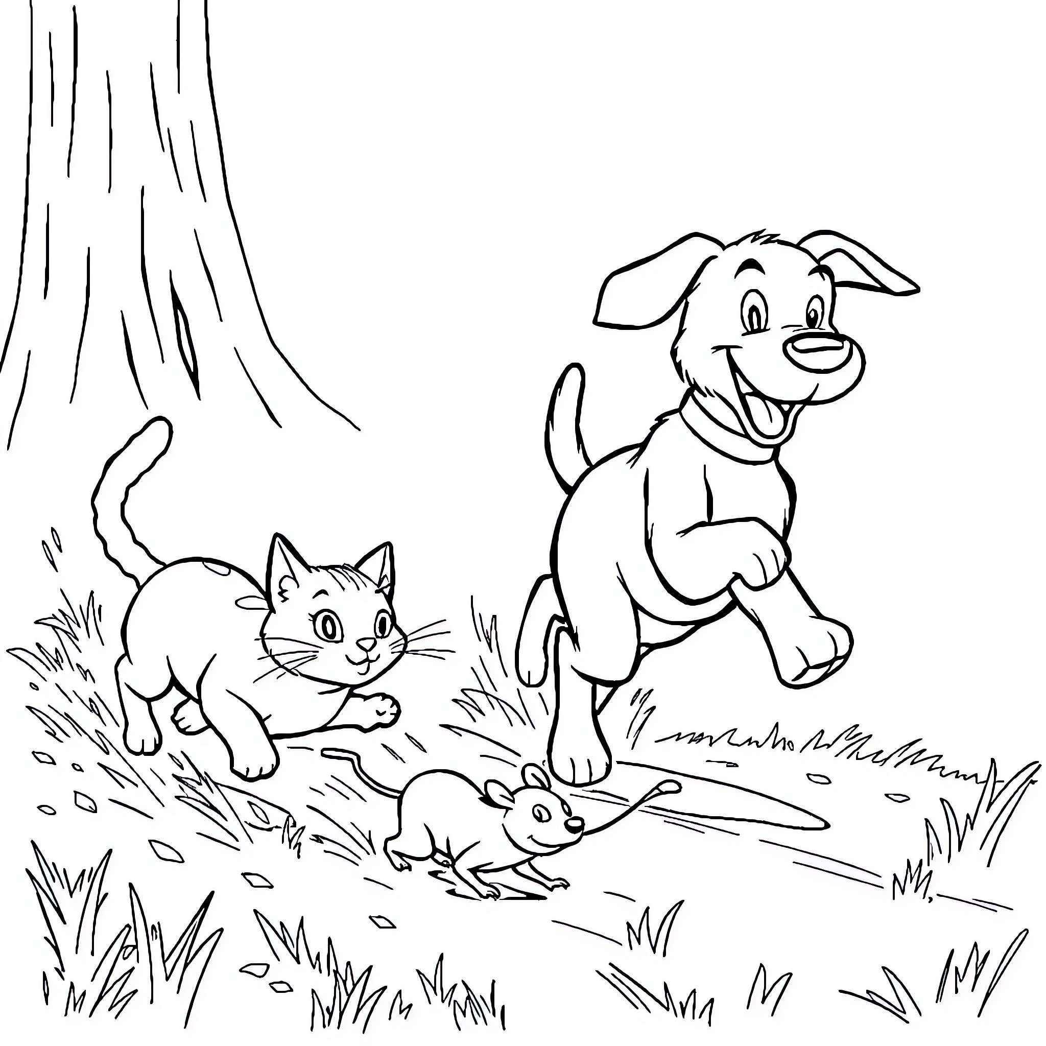 Dog and cat exploring the outdoors Coloring Page (free black-and-white line drawing printable PDF for all, from beginners to advanced learners, including children, teens, adults, and seniors)