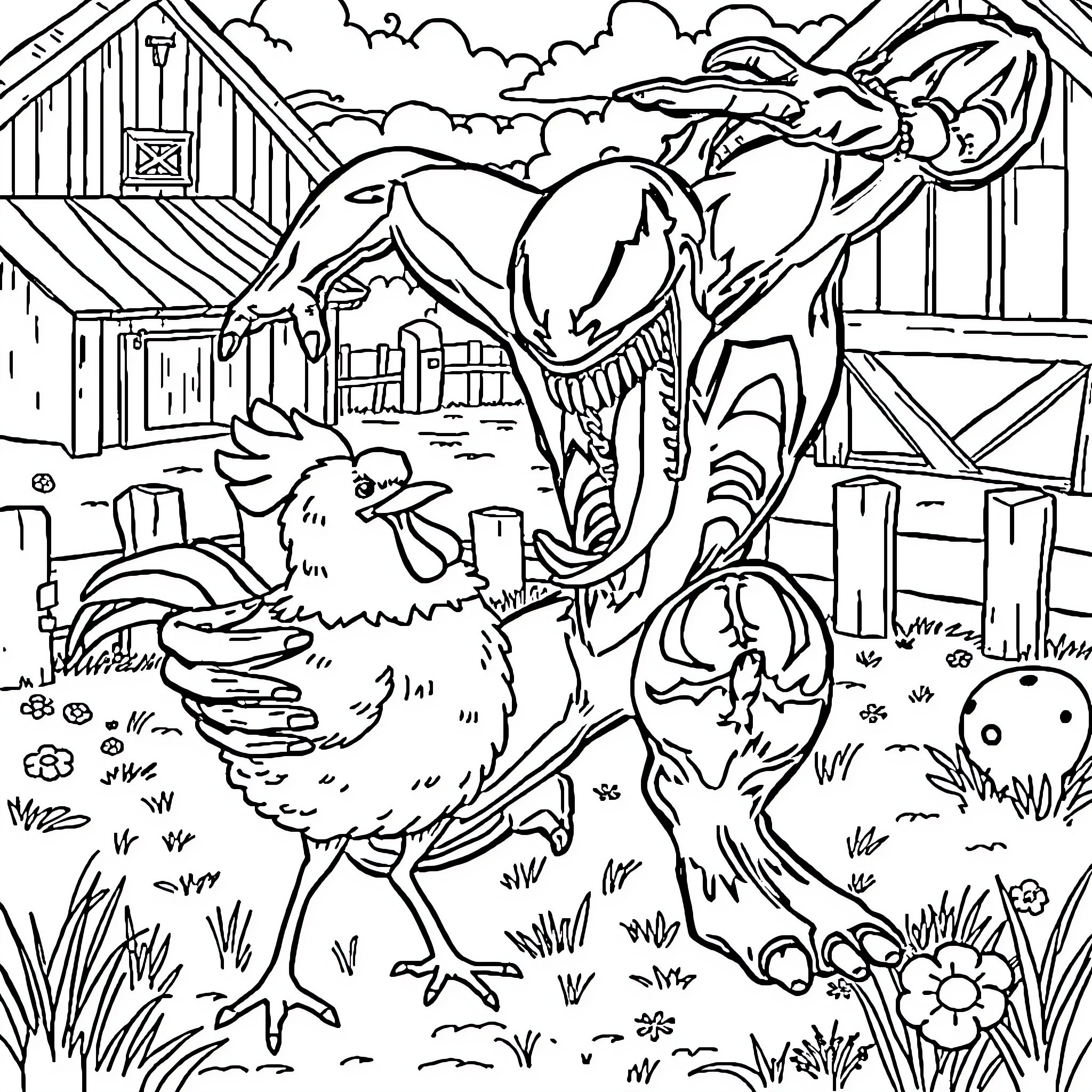 Venom's Terrifying Encounter on the Farm Coloring Page (free black-and-white line drawing printable PDF for all, from beginners to advanced learners, including children, teens, adults, and seniors)