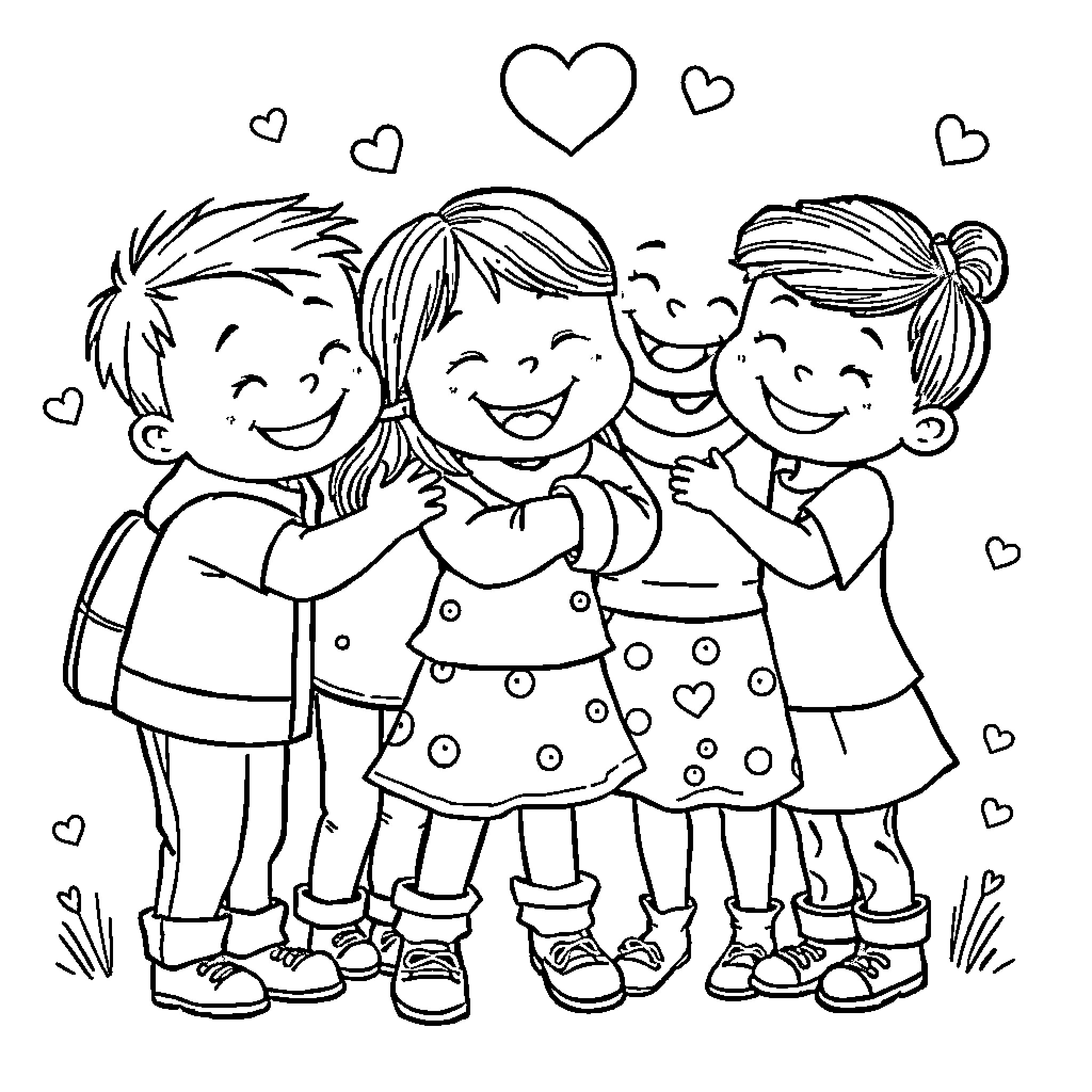 Kid friends joyfully embracing with hearts Coloring Page (free black-and-white line drawing printable PDF for all, from beginners to advanced learners, including children, teens, adults, and seniors)