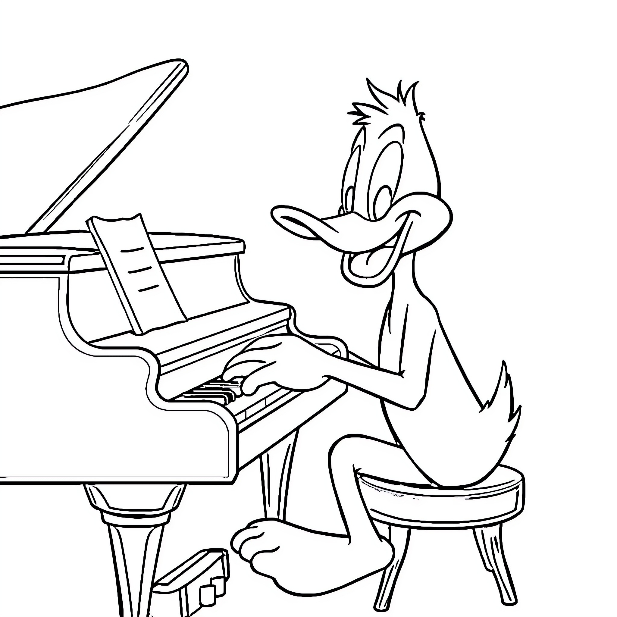 Daffy Duck playing piano with enthusiasm Coloring Page (free black-and-white line drawing printable PDF for all, from beginners to advanced learners, including children, teens, adults, and seniors)