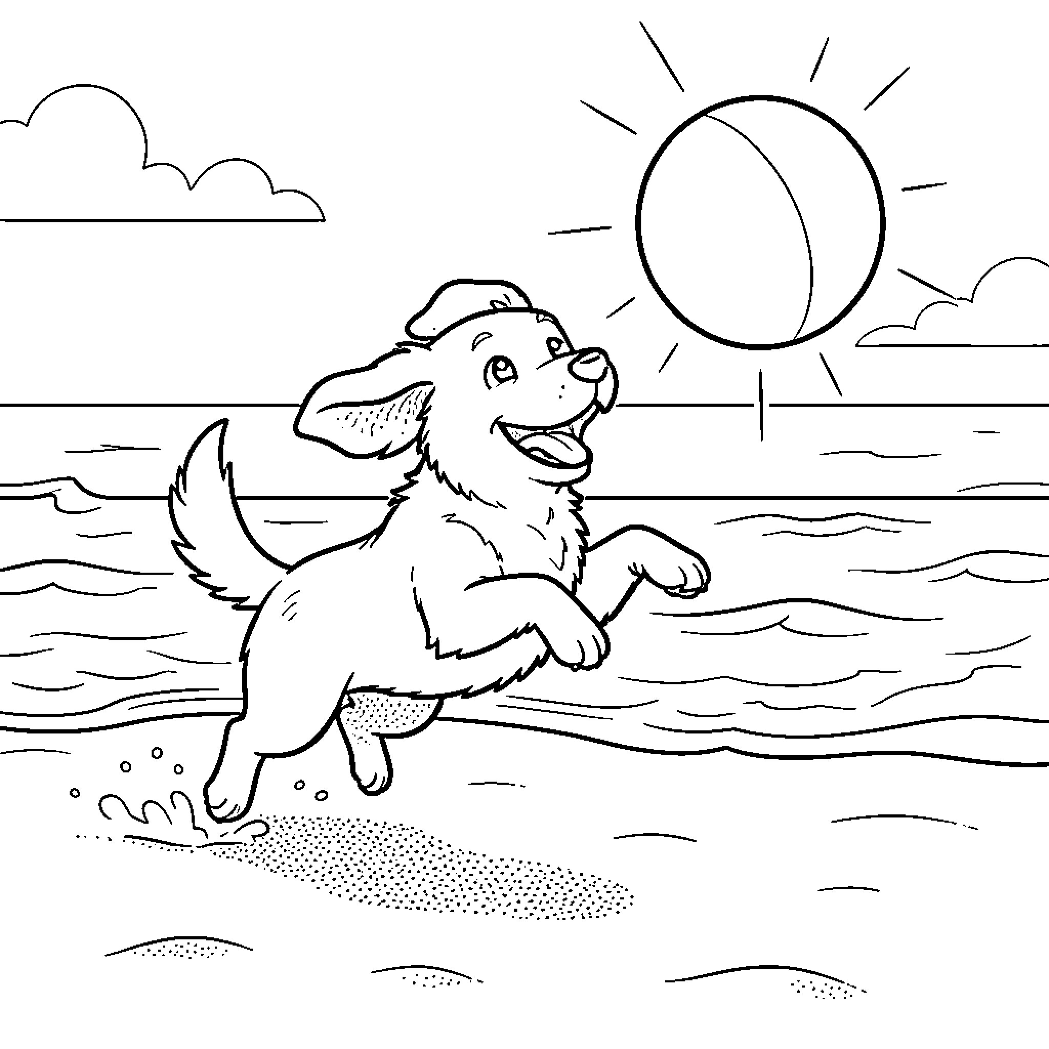 Dog splashing happily in the ocean Coloring Page (free black-and-white line drawing printable PDF for all, from beginners to advanced learners, including children, teens, adults, and seniors)