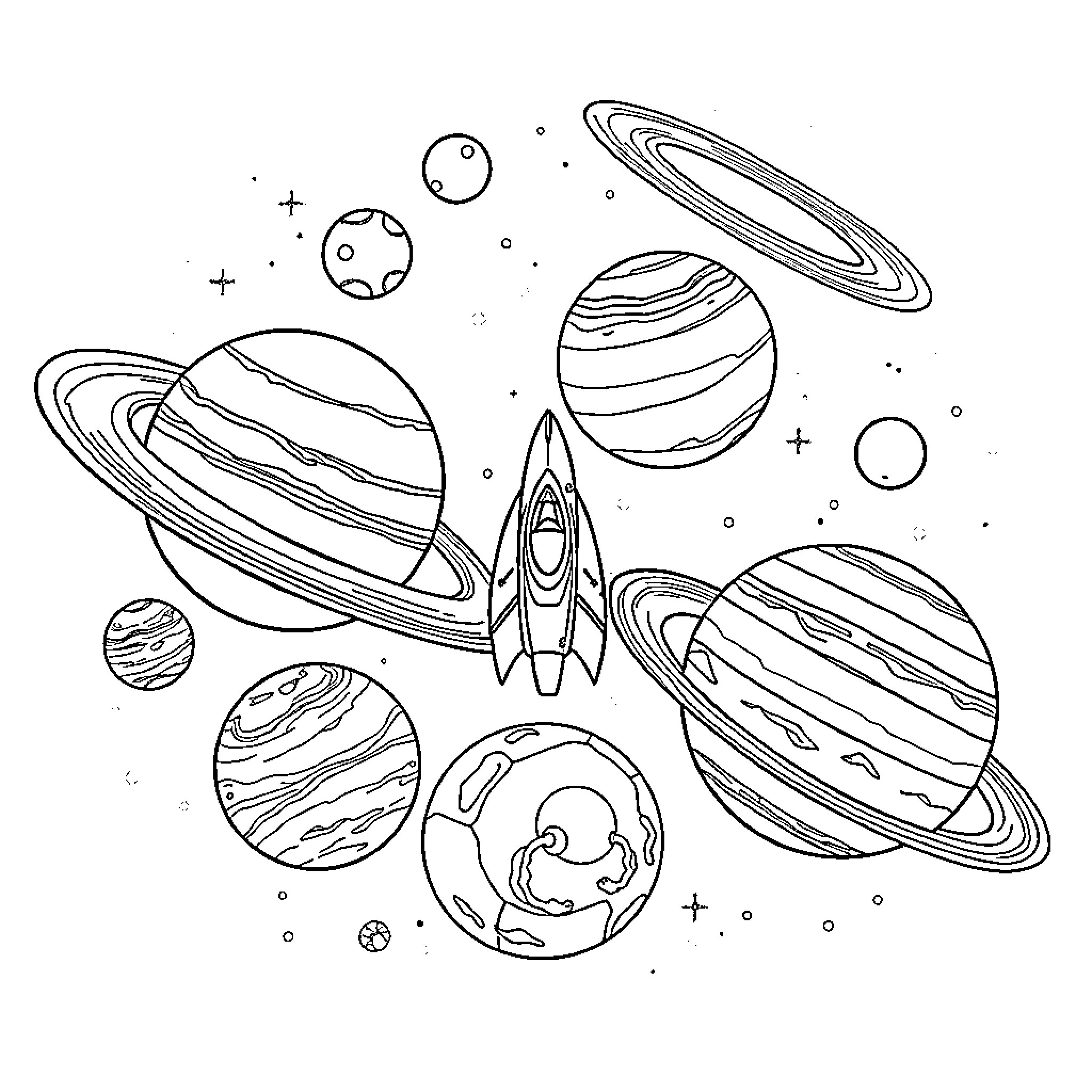 Planet Exploration in the Cosmic Landscape Coloring Page (free black-and-white line drawing printable PDF for all, from beginners to advanced learners, including children, teens, adults, and seniors)