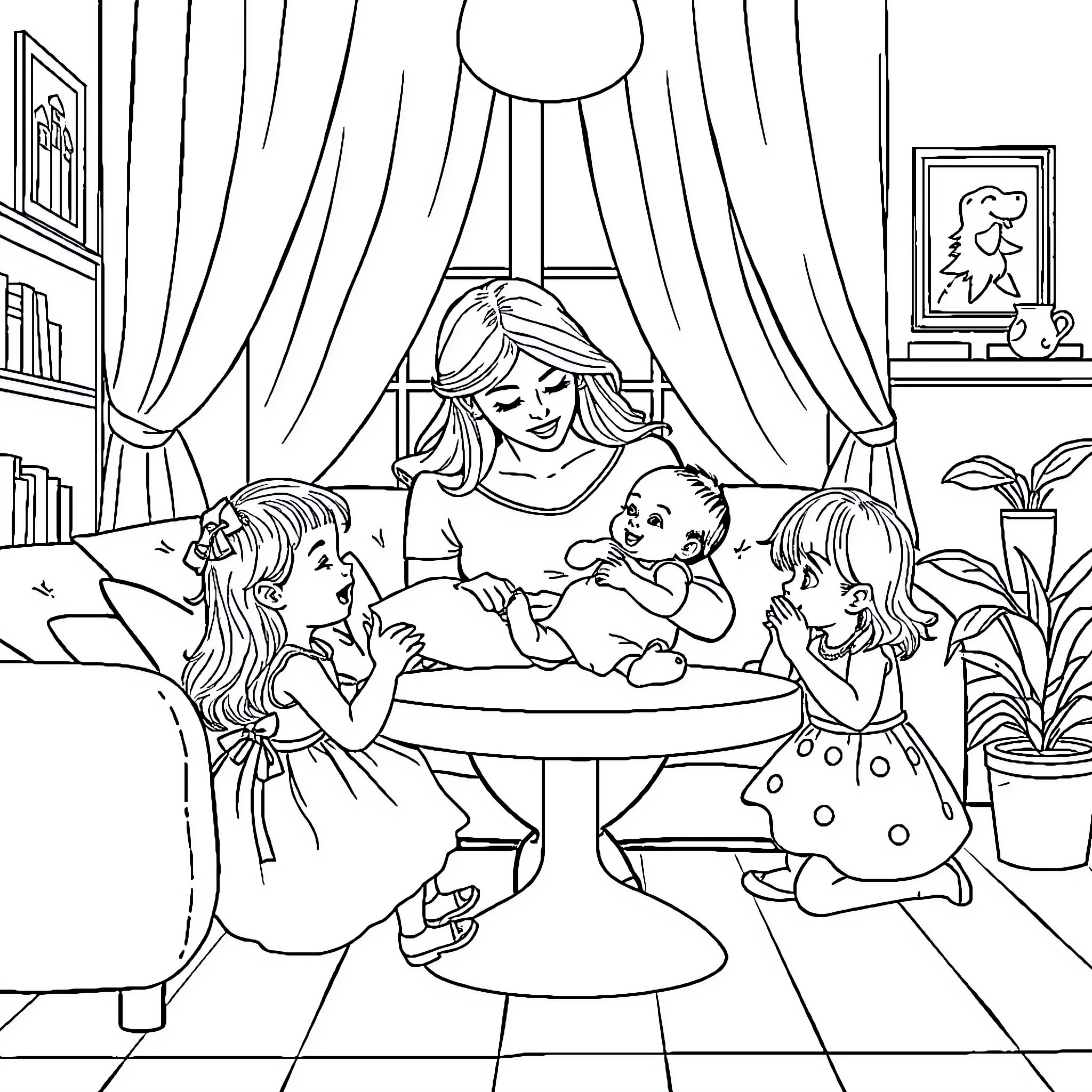 Mother Caring for Her Children in the Cozy Home Coloring Page (free black-and-white line drawing printable PDF for all, from beginners to advanced learners, including children, teens, adults, and seniors)