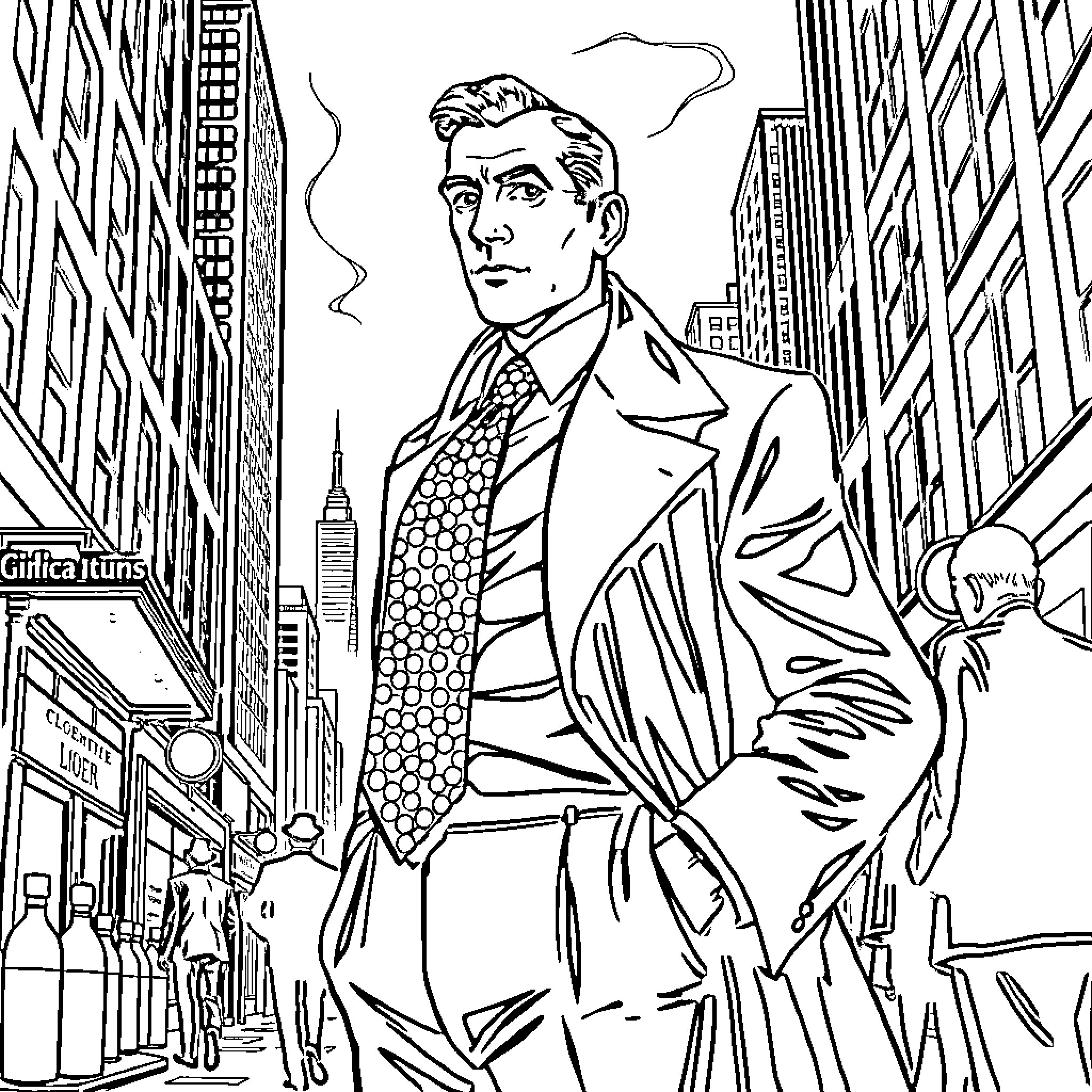 Man walking in stylish outfit through city streets Coloring Page (free black-and-white line drawing printable PDF for all, from beginners to advanced learners, including children, teens, adults, and seniors)